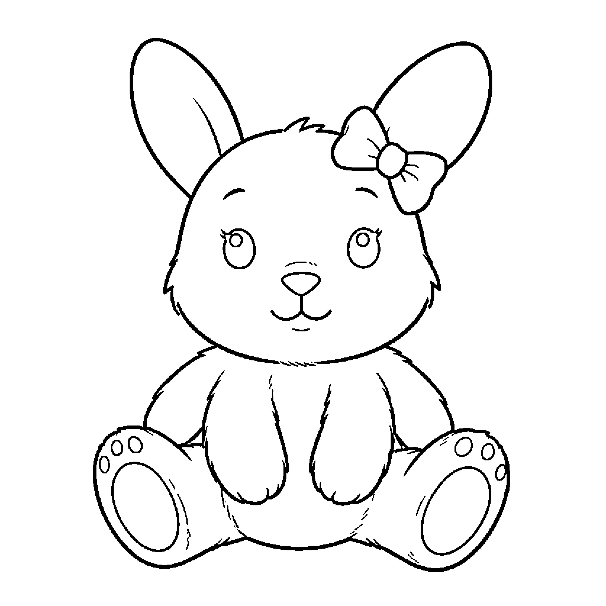 Rabbit with a Bow Sitting Happily Coloring Page (free black-and-white line drawing printable PDF for all, from beginners to advanced learners, including children, teens, adults, and seniors)