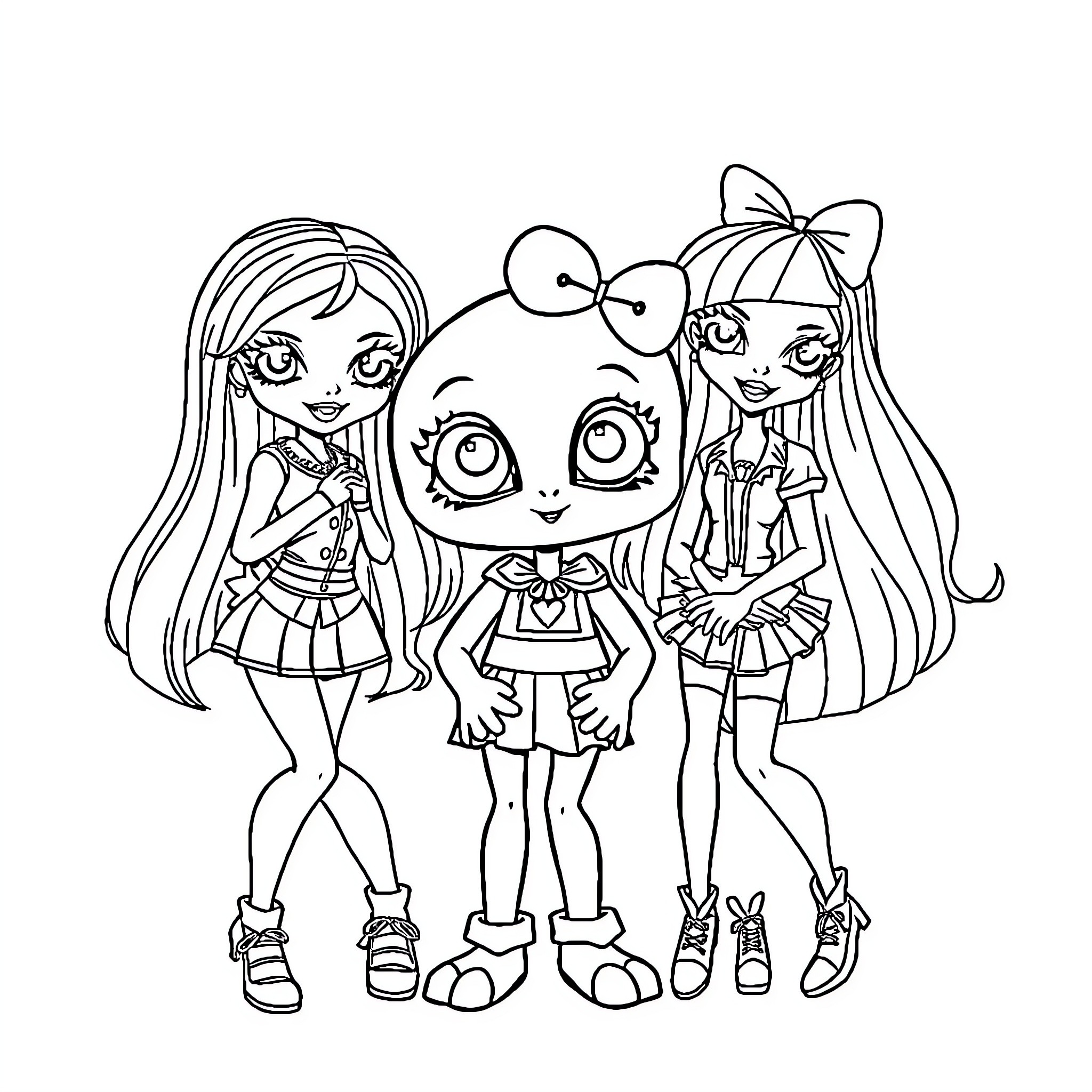 Monster High Girls in Fashionable Outfits Coloring Page (free black-and-white line drawing printable PDF for all, from beginners to advanced learners, including children, teens, adults, and seniors)