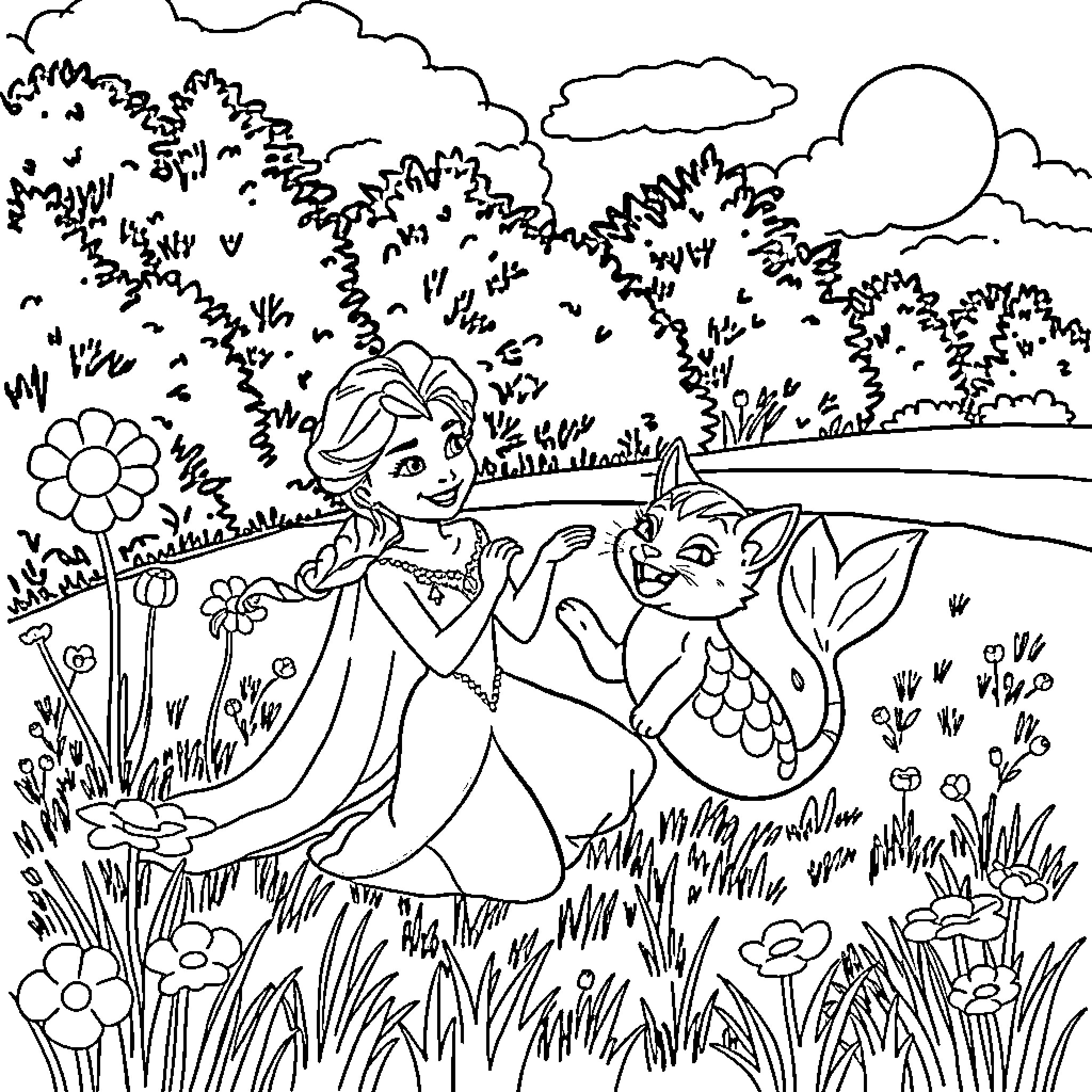 Elsa and her Magical Animal Friend Explore the Enchanted Forest Coloring Page (free black-and-white line drawing printable PDF for all, from beginners to advanced learners, including children, teens, adults, and seniors)