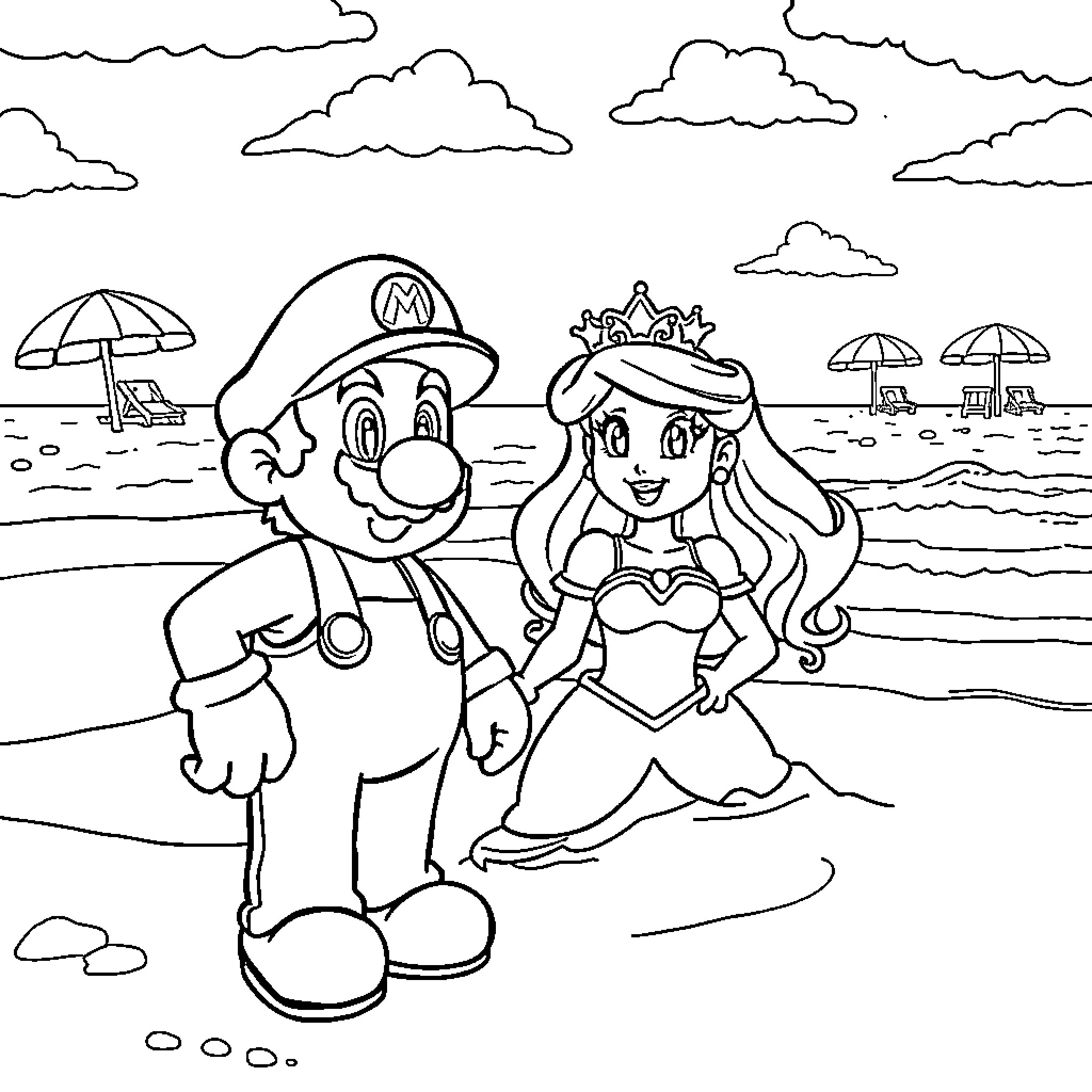 Mario and Princess on a Beach Vacation Coloring Page (free black-and-white line drawing printable PDF for all, from beginners to advanced learners, including children, teens, adults, and seniors)