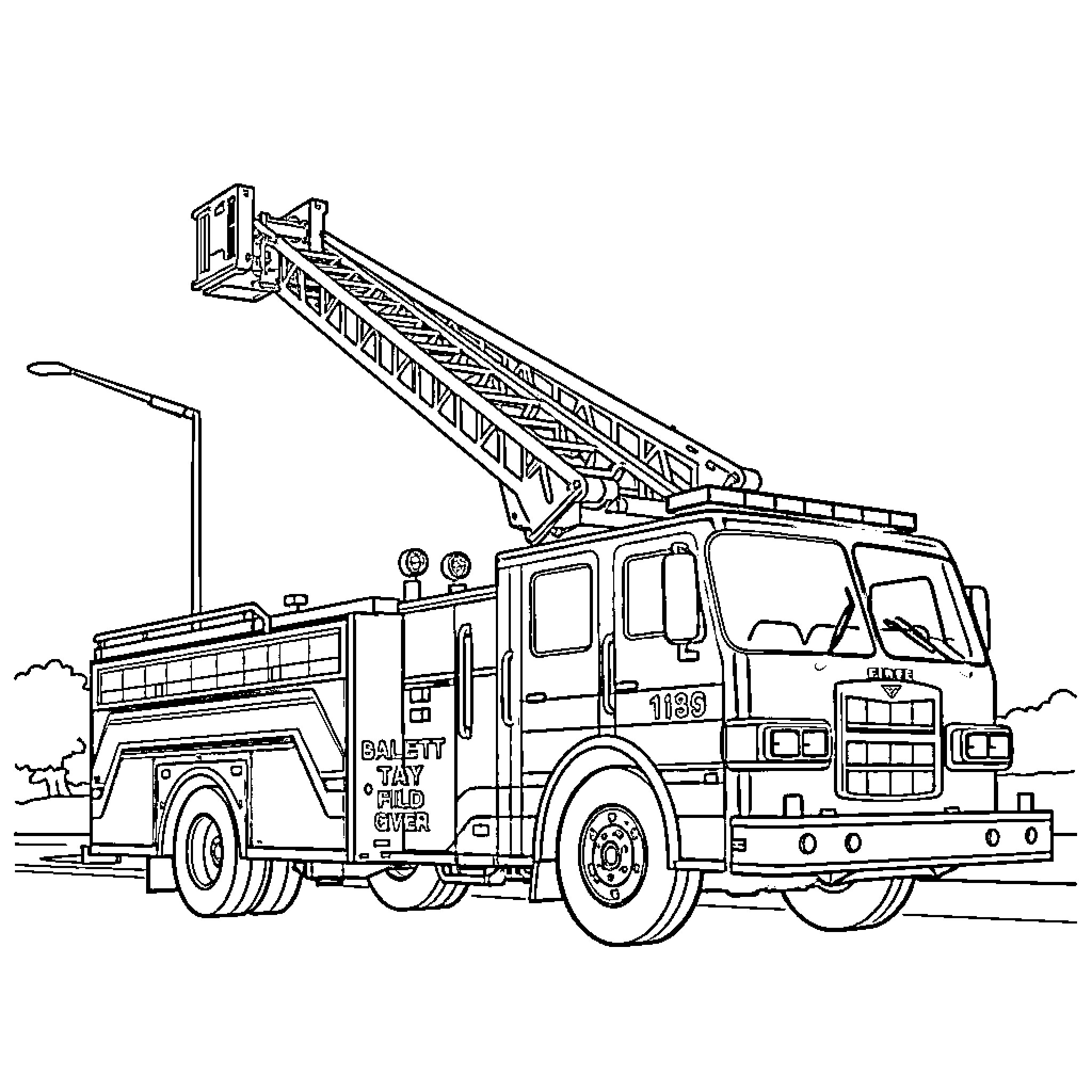 Fire Truck with extended ladder responding to emergency Coloring Page (free black-and-white line drawing printable PDF for all, from beginners to advanced learners, including children, teens, adults, and seniors)
