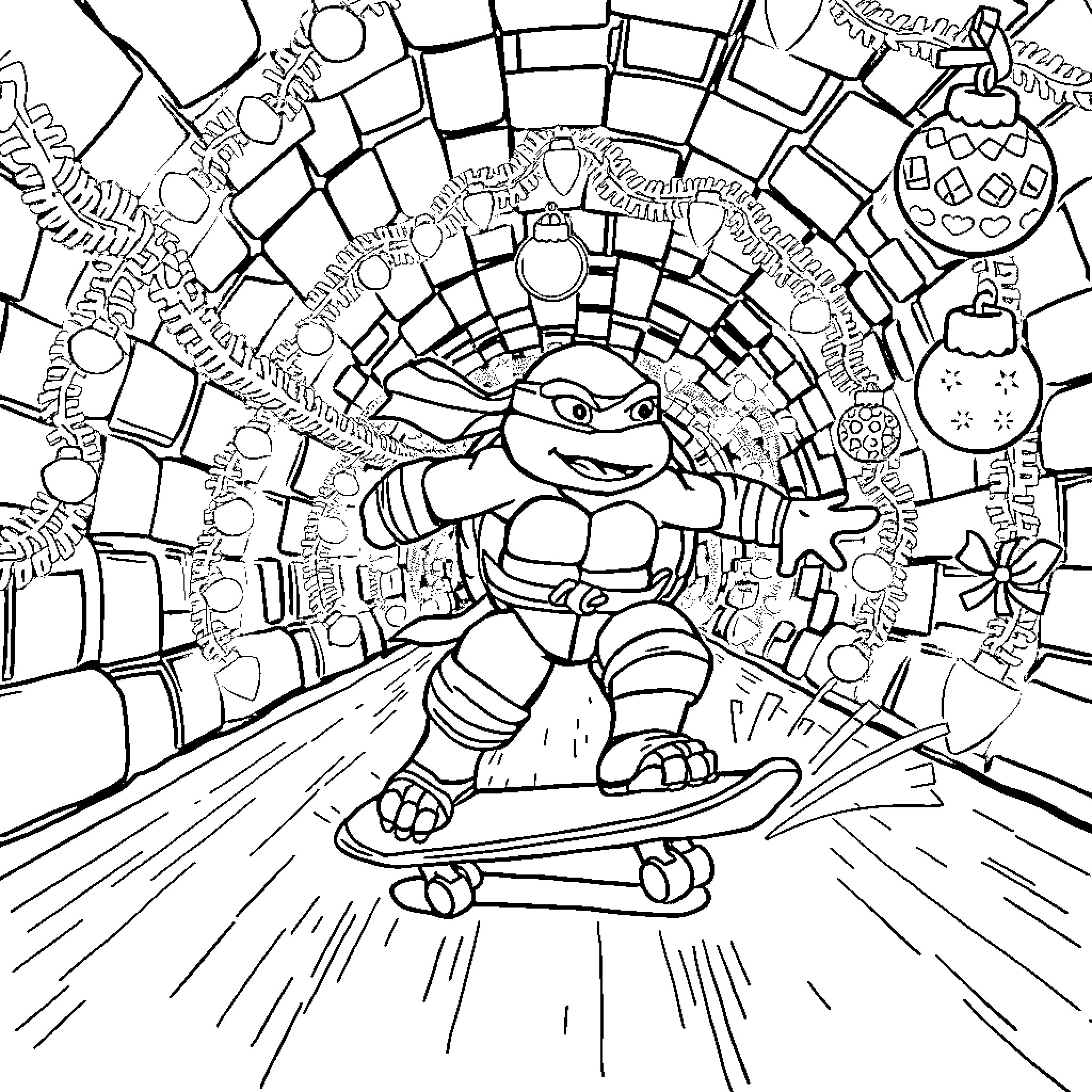 Ninja Turtle Skateboarding Through Abstract Cityscape Coloring Page (free black-and-white line drawing printable PDF for all, from beginners to advanced learners, including children, teens, adults, and seniors)