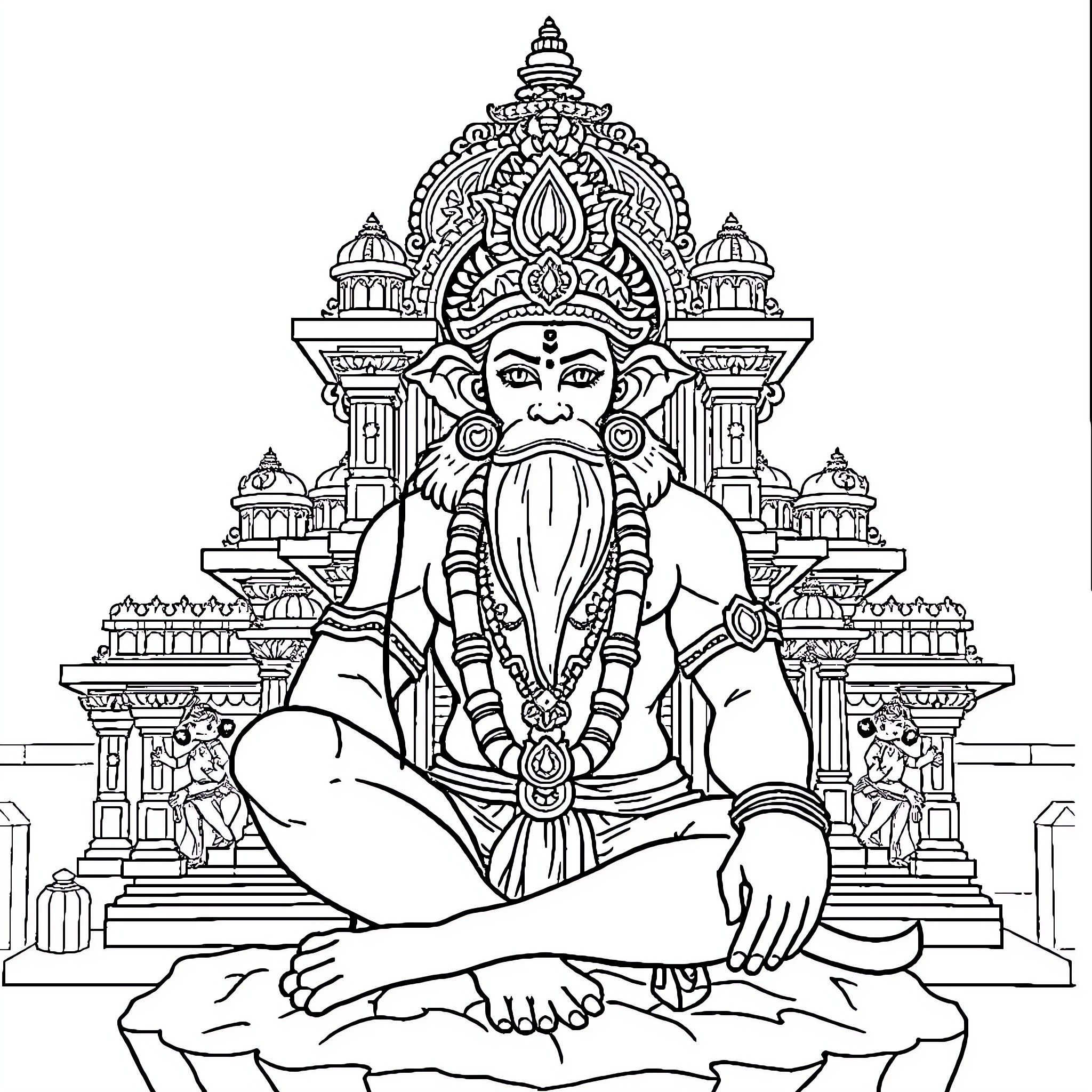 Hanuman seated in contemplative pose within ornate temple Coloring Page (free black-and-white line drawing printable PDF for all, from beginners to advanced learners, including children, teens, adults, and seniors)