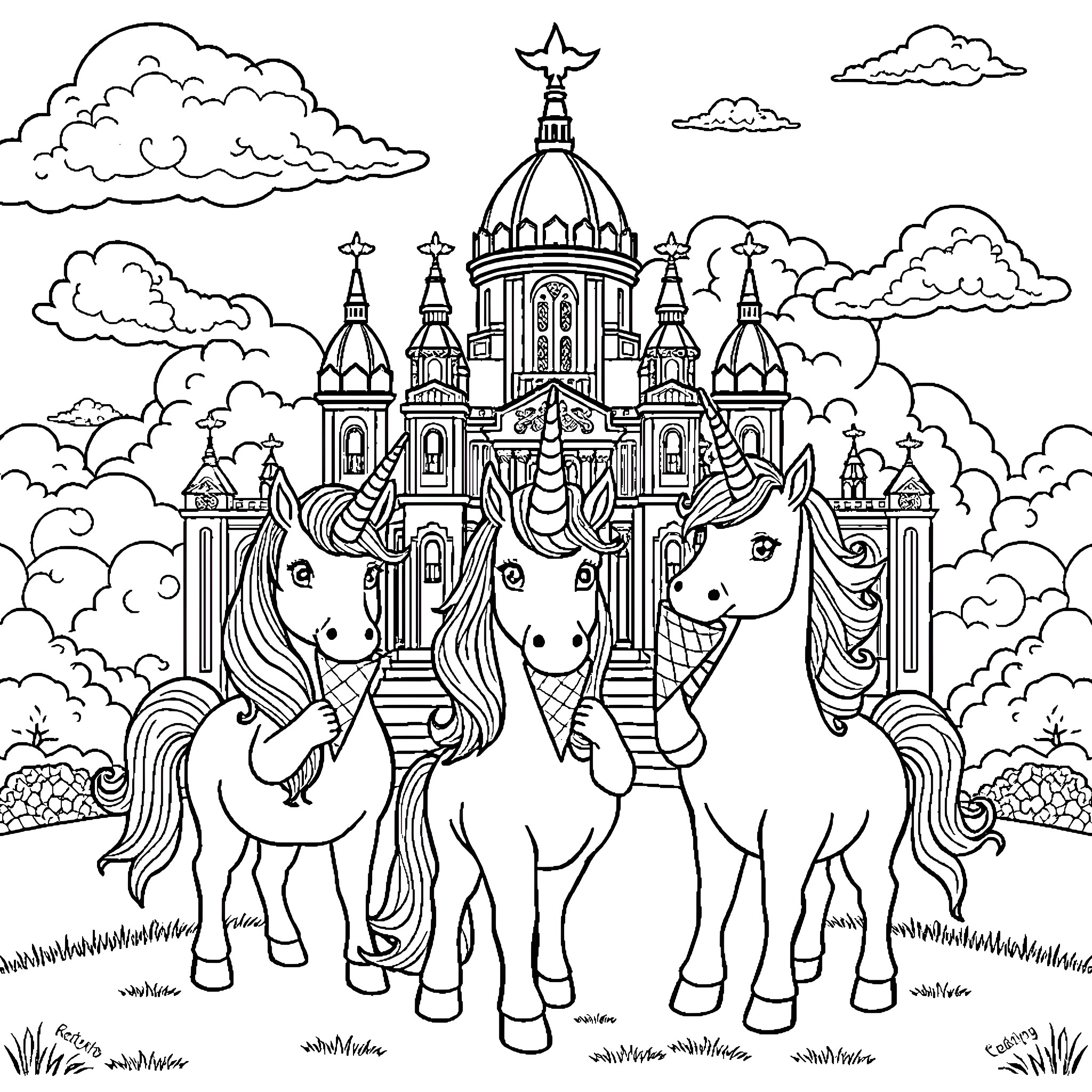 Unicorn Trio in a Magical Castle Coloring Page (free black-and-white line drawing printable PDF for all, from beginners to advanced learners, including children, teens, adults, and seniors)