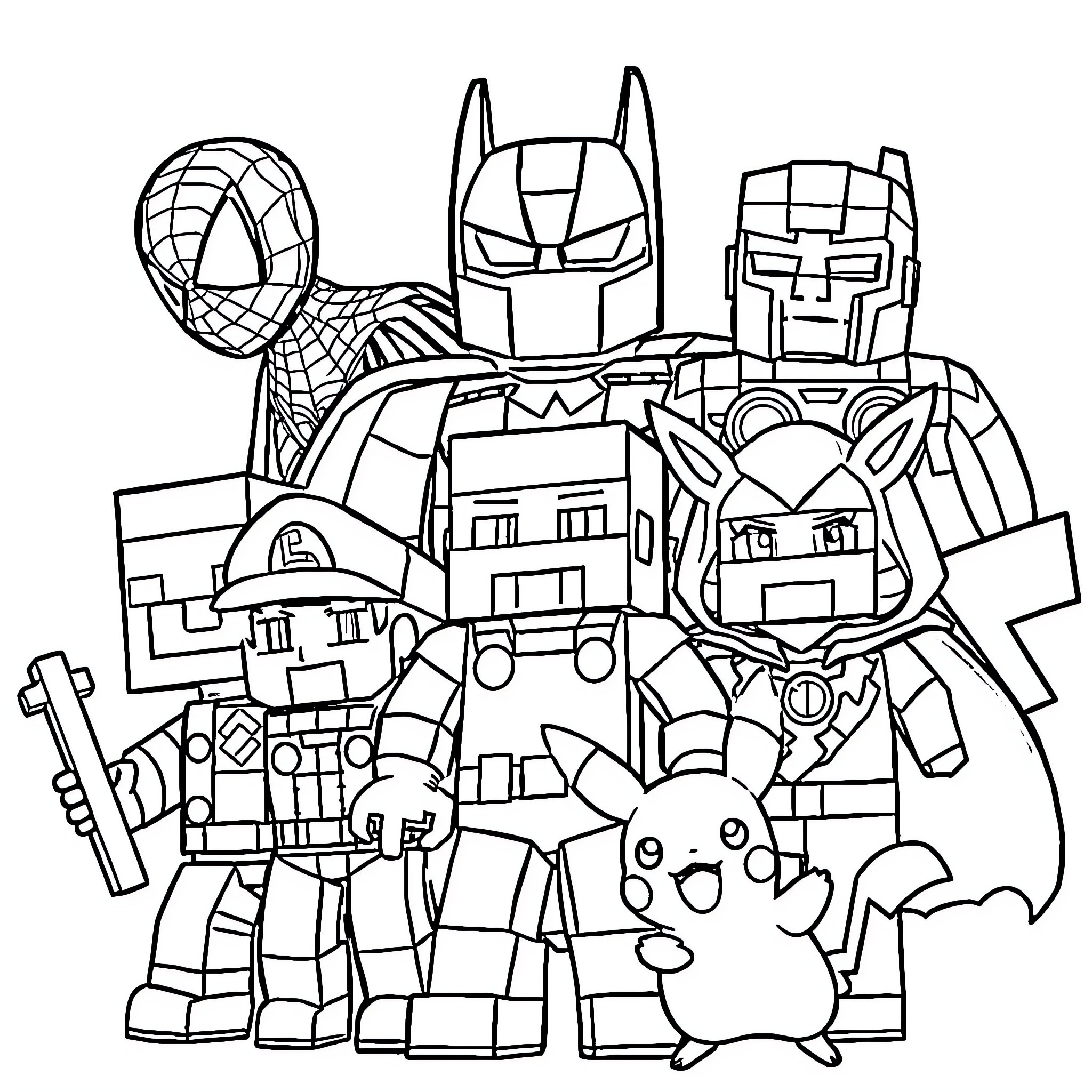 Minecraft Character Group with Iconic Characters Coloring Page (free black-and-white line drawing printable PDF for all, from beginners to advanced learners, including children, teens, adults, and seniors)