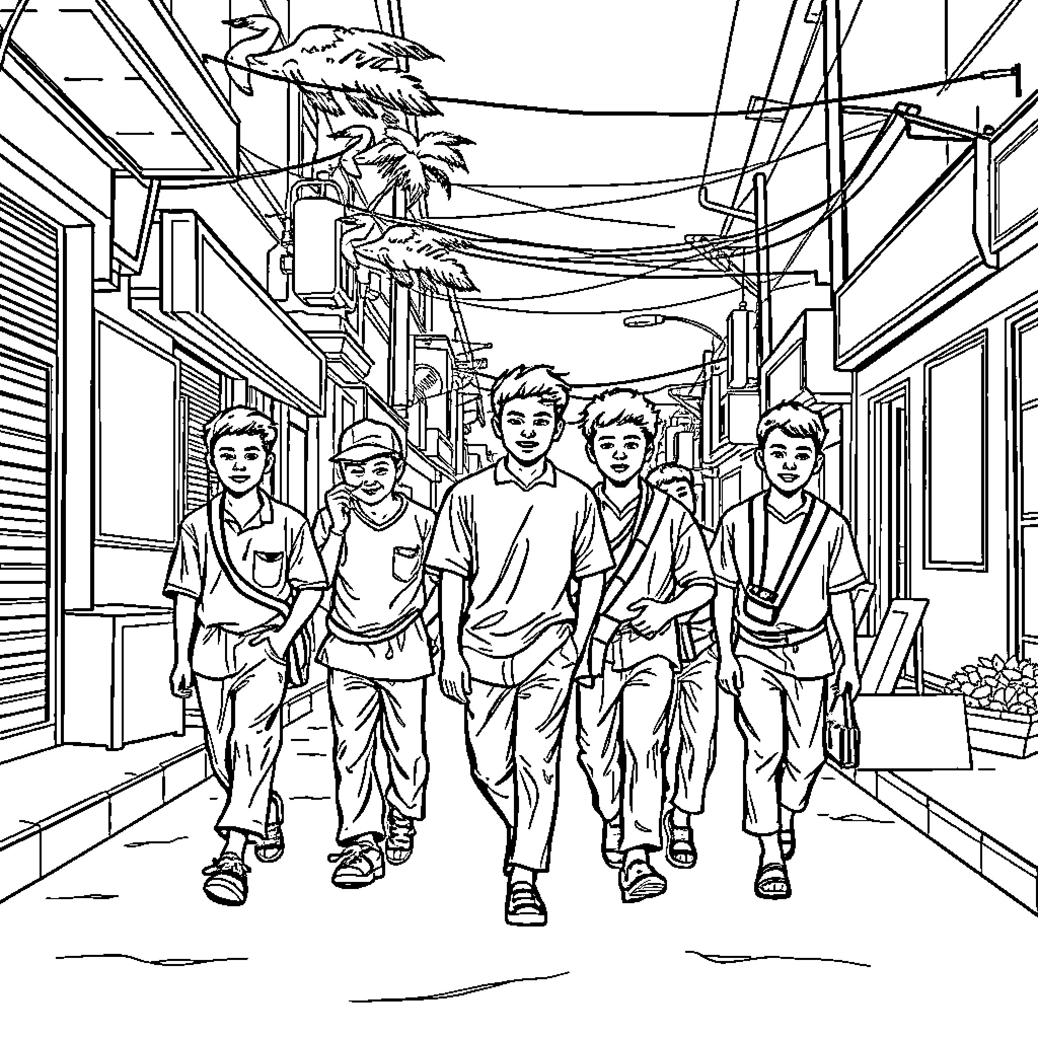 Boy group walking down the city street Coloring Page (free black-and-white line drawing printable PDF for all, from beginners to advanced learners, including children, teens, adults, and seniors)