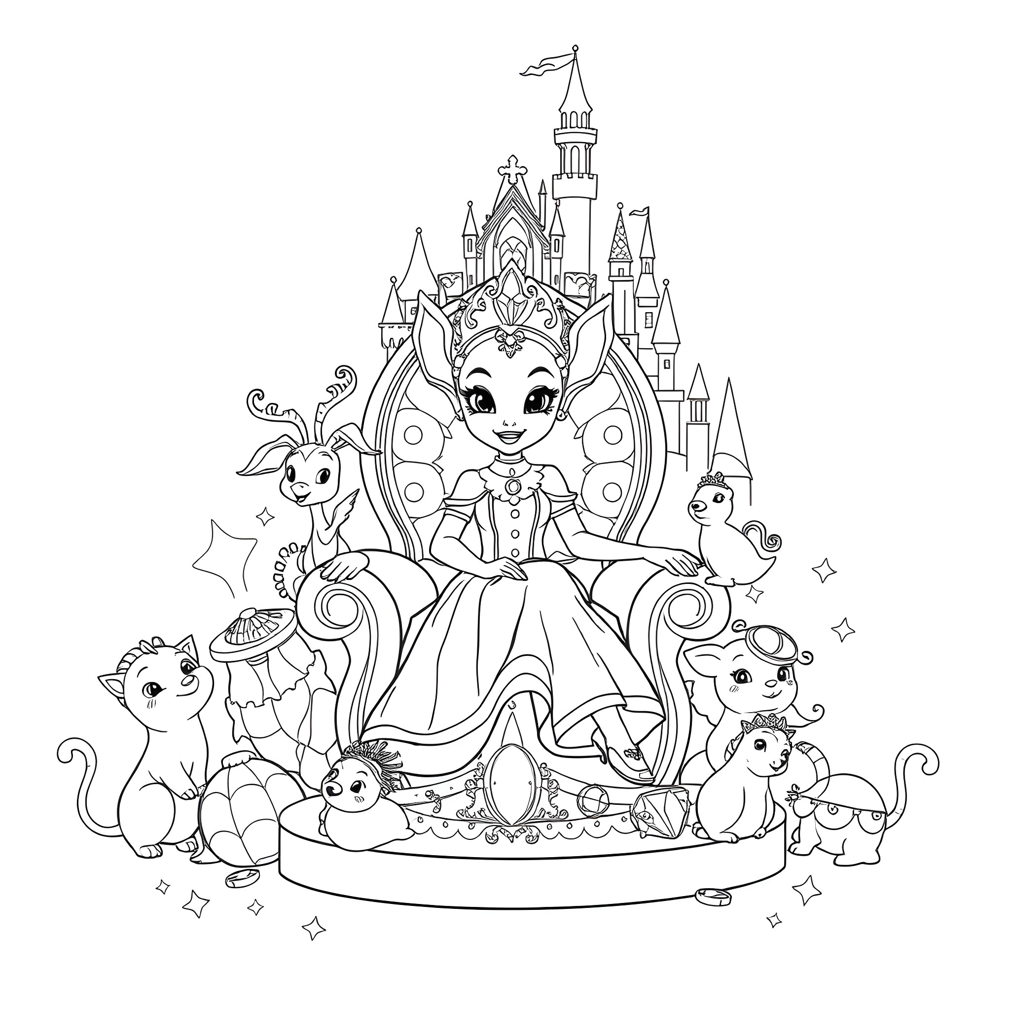 Disney Princess Sitting on Throne with Adorable Animal Companions Coloring Page (free black-and-white line drawing printable PDF for all, from beginners to advanced learners, including children, teens, adults, and seniors)