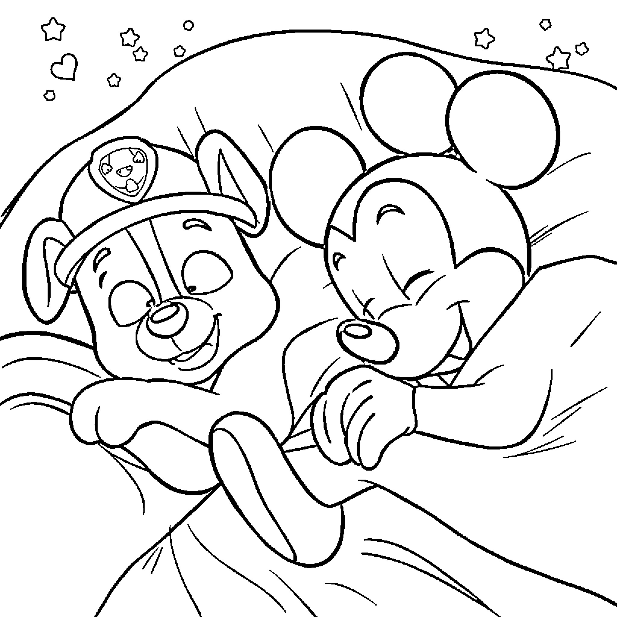Paw Patrol characters playing together joyfully Coloring Page (free black-and-white line drawing printable PDF for all, from beginners to advanced learners, including children, teens, adults, and seniors)