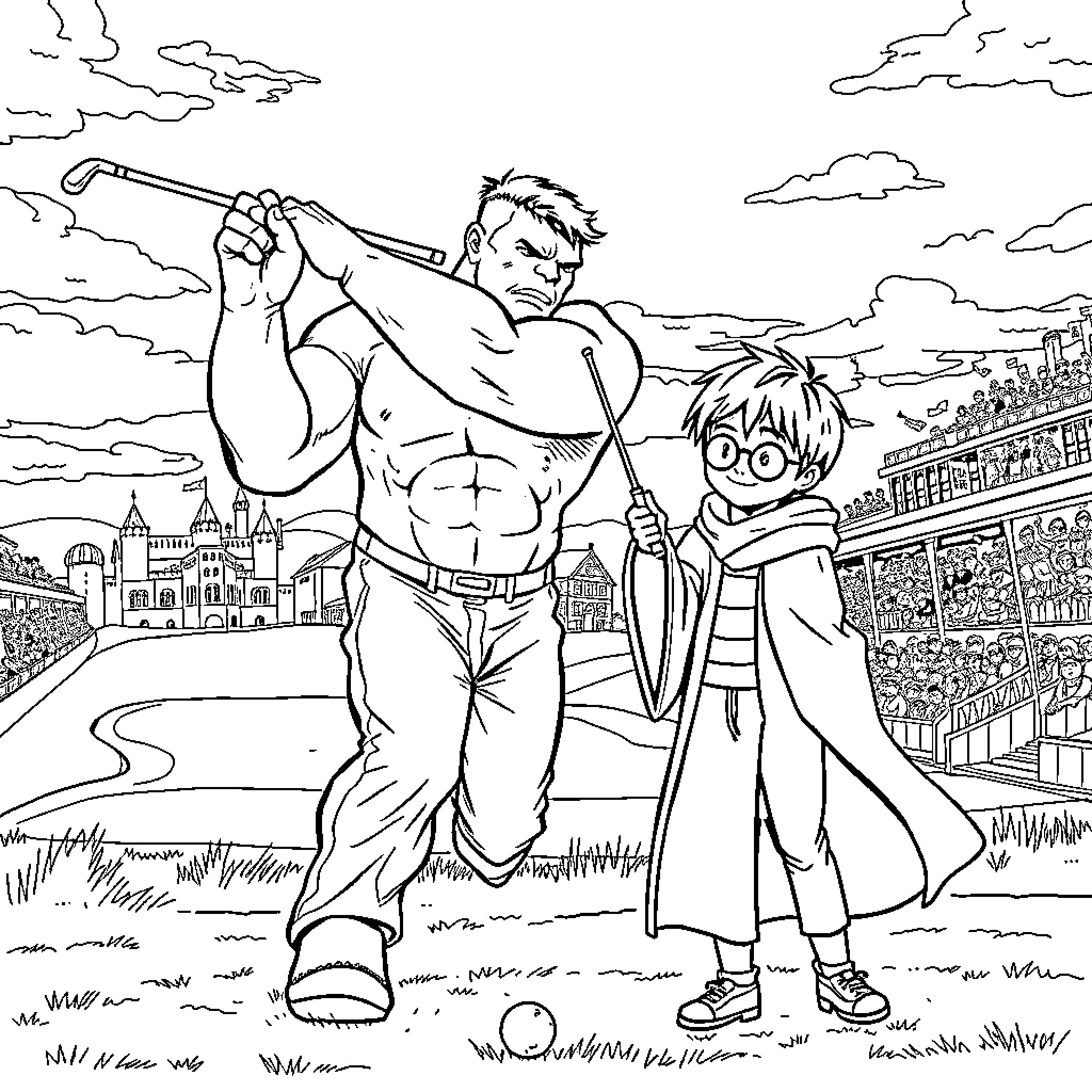 Hulk and Young Companion Surveying the City Landscape Coloring Page (free black-and-white line drawing printable PDF for all, from beginners to advanced learners, including children, teens, adults, and seniors)