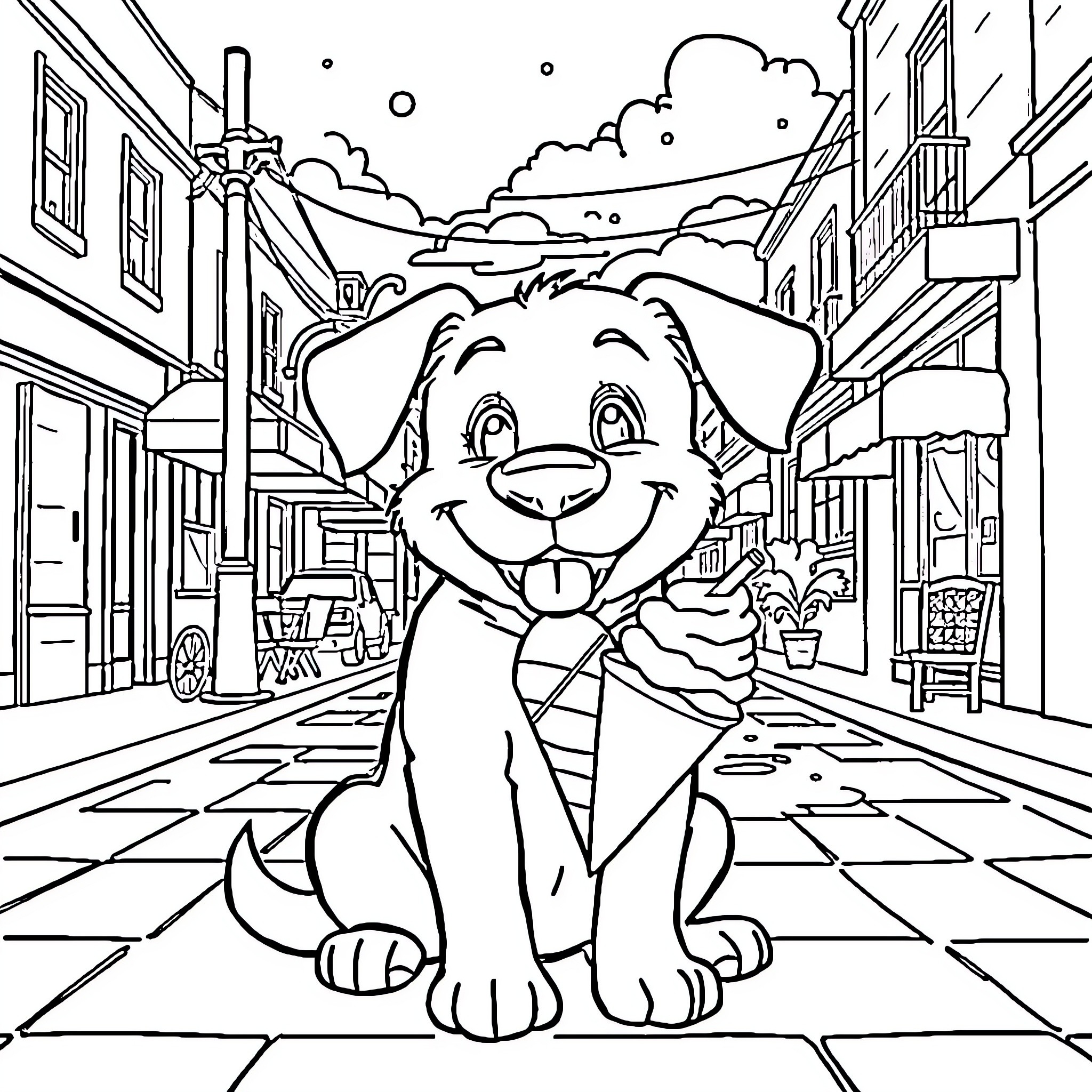 Dog enjoying a walk in the town Coloring Page (free black-and-white line drawing printable PDF for all, from beginners to advanced learners, including children, teens, adults, and seniors)