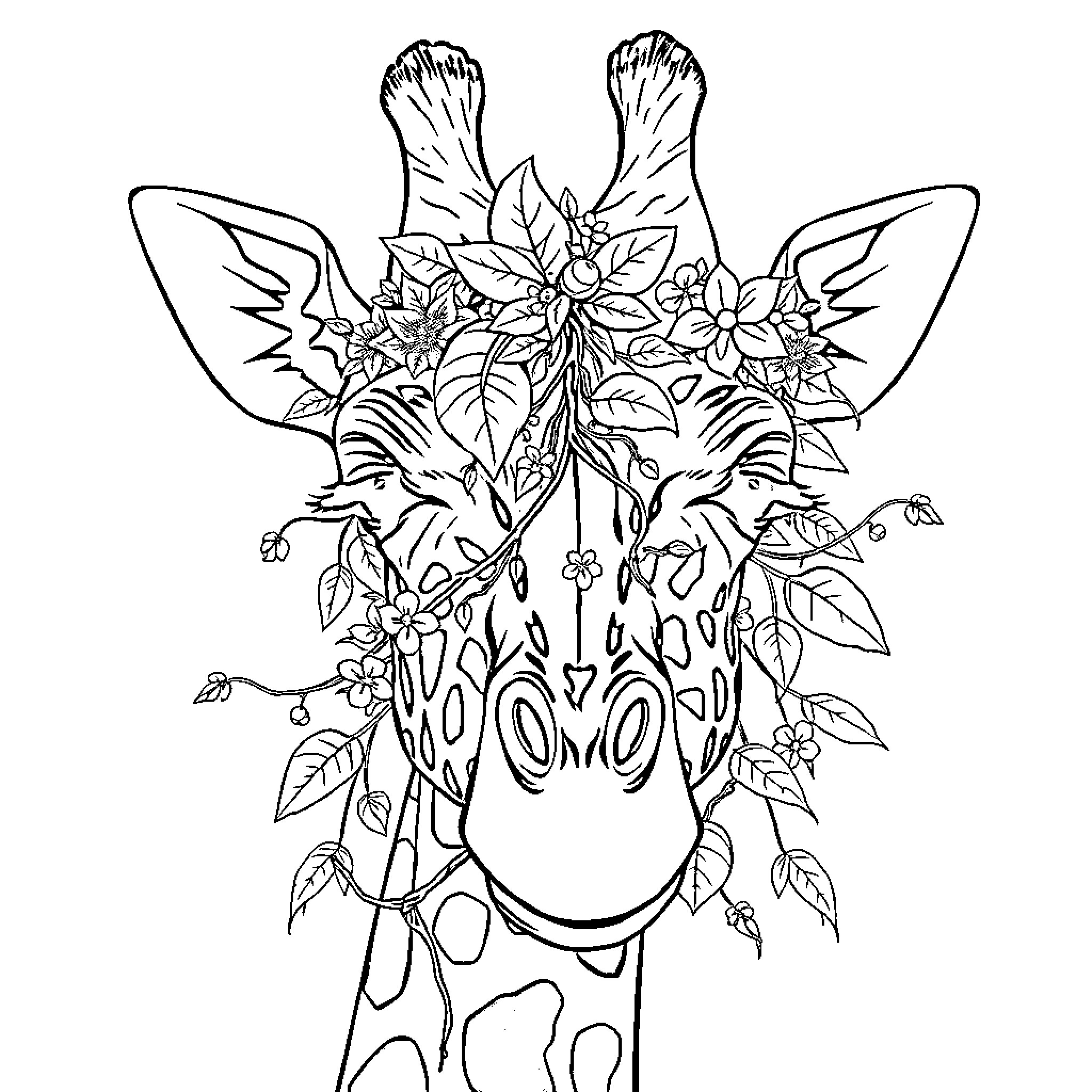 Giraffe adorned with floral decorations Coloring Page (free black-and-white line drawing printable PDF for all, from beginners to advanced learners, including children, teens, adults, and seniors)