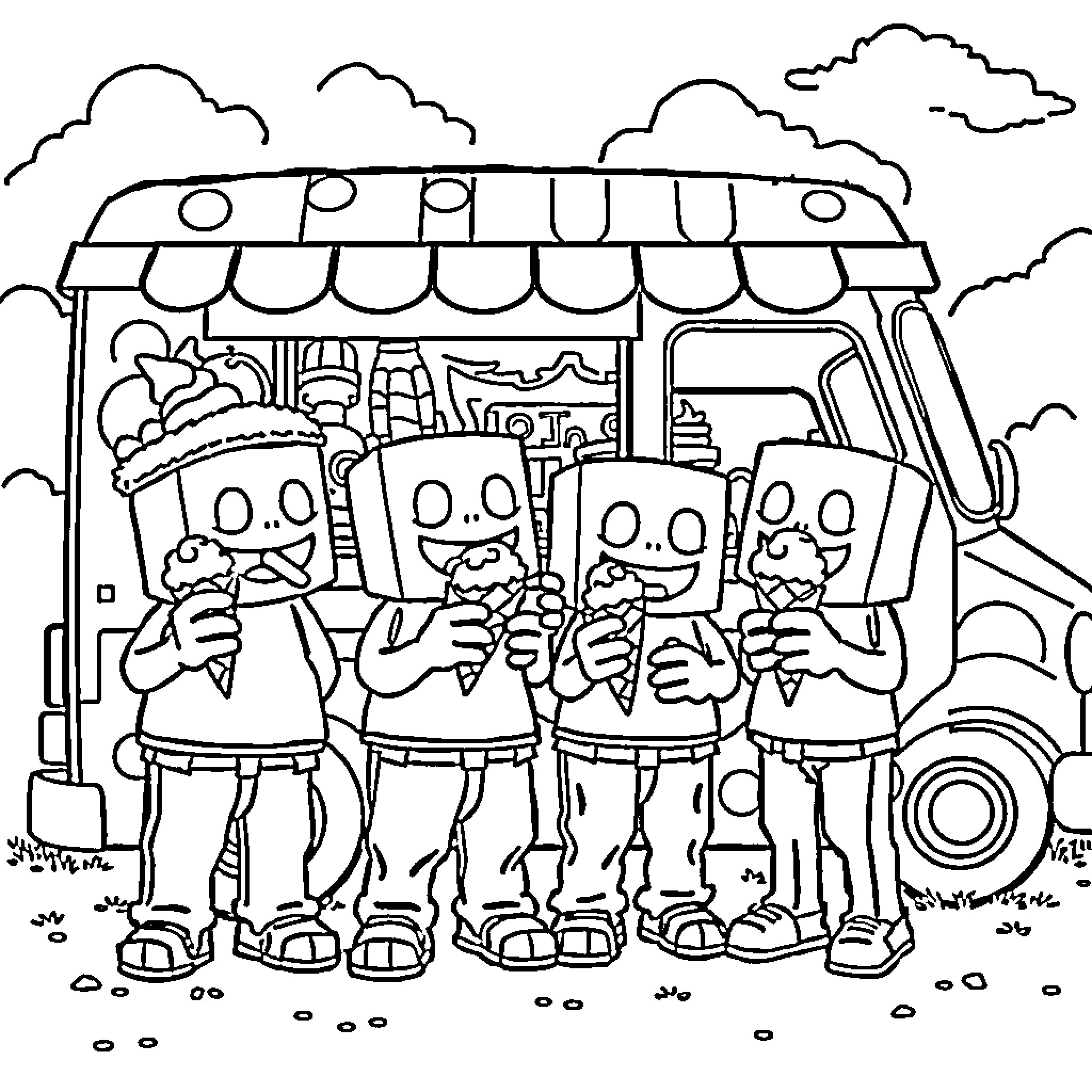 Creeper children playing near the ice cream truck Coloring Page (free black-and-white line drawing printable PDF for all, from beginners to advanced learners, including children, teens, adults, and seniors)