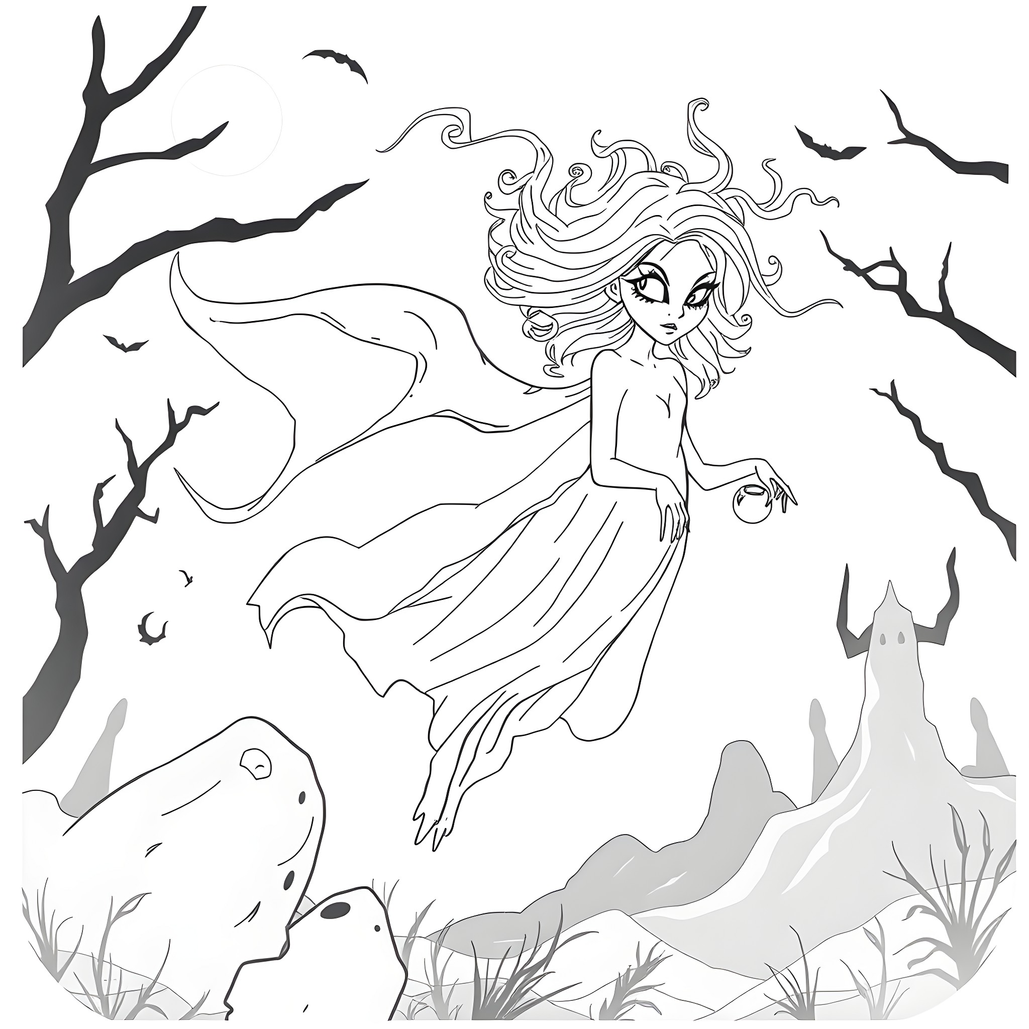 Banshee Wailing in the Haunted Forest Coloring Page (free black-and-white line drawing printable PDF for all, from beginners to advanced learners, including children, teens, adults, and seniors)