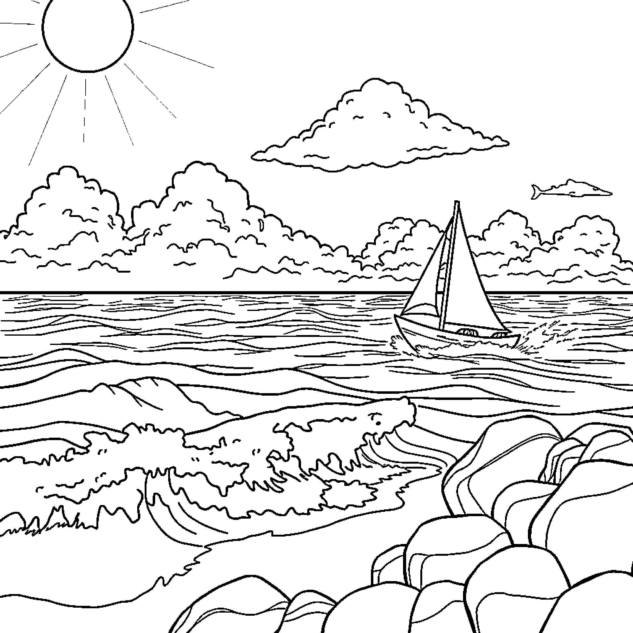 Sailboat sailing on the open sea Coloring Page (free black-and-white line drawing printable PDF for all, from beginners to advanced learners, including children, teens, adults, and seniors)
