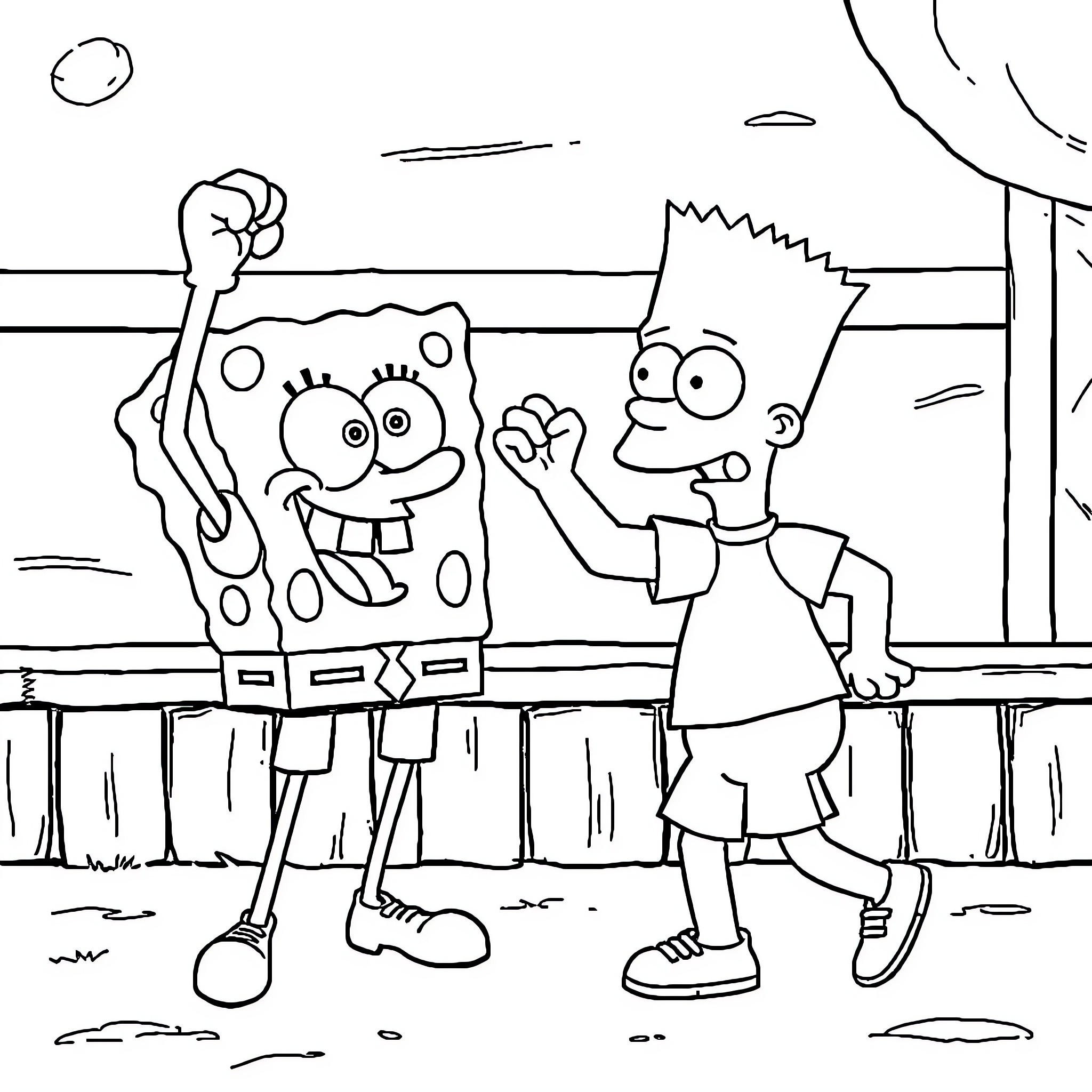 Spongebob and Bart playing together happily Coloring Page (free black-and-white line drawing printable PDF for all, from beginners to advanced learners, including children, teens, adults, and seniors)