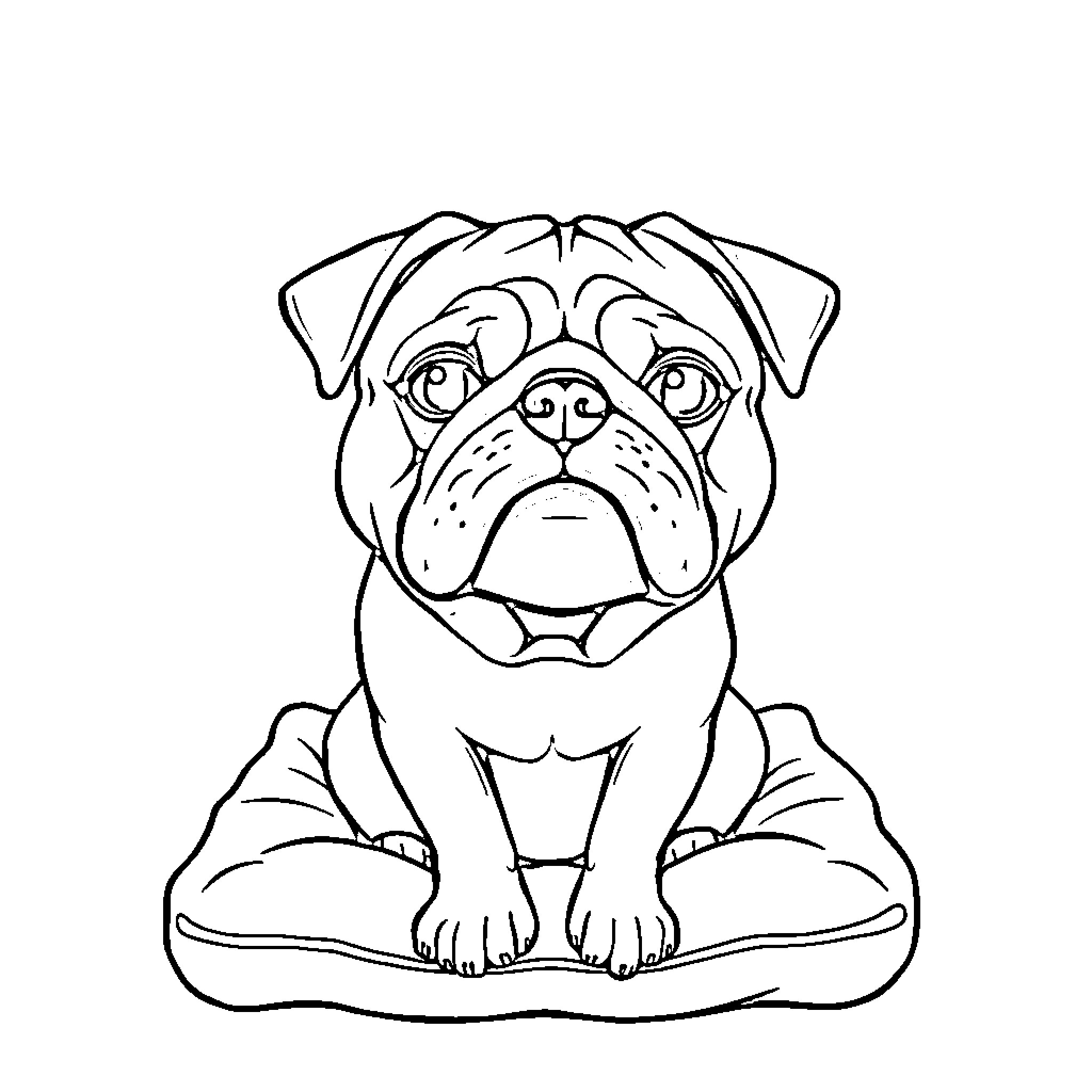 Pug sitting comfortably on pet bed Coloring Page (free black-and-white line drawing printable PDF for all, from beginners to advanced learners, including children, teens, adults, and seniors)