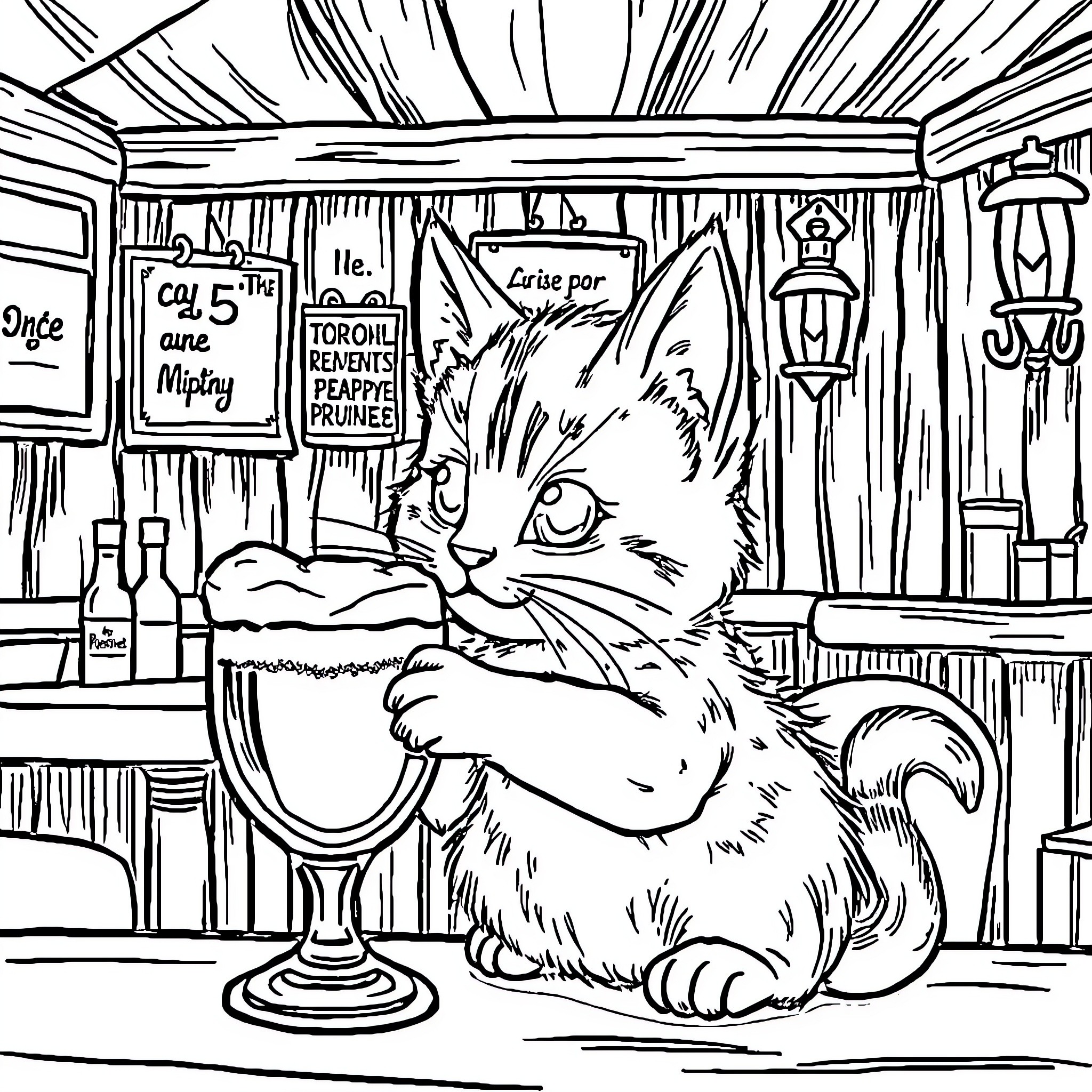 Kitten enjoying a drink at the tavern Coloring Page (free black-and-white line drawing printable PDF for all, from beginners to advanced learners, including children, teens, adults, and seniors)