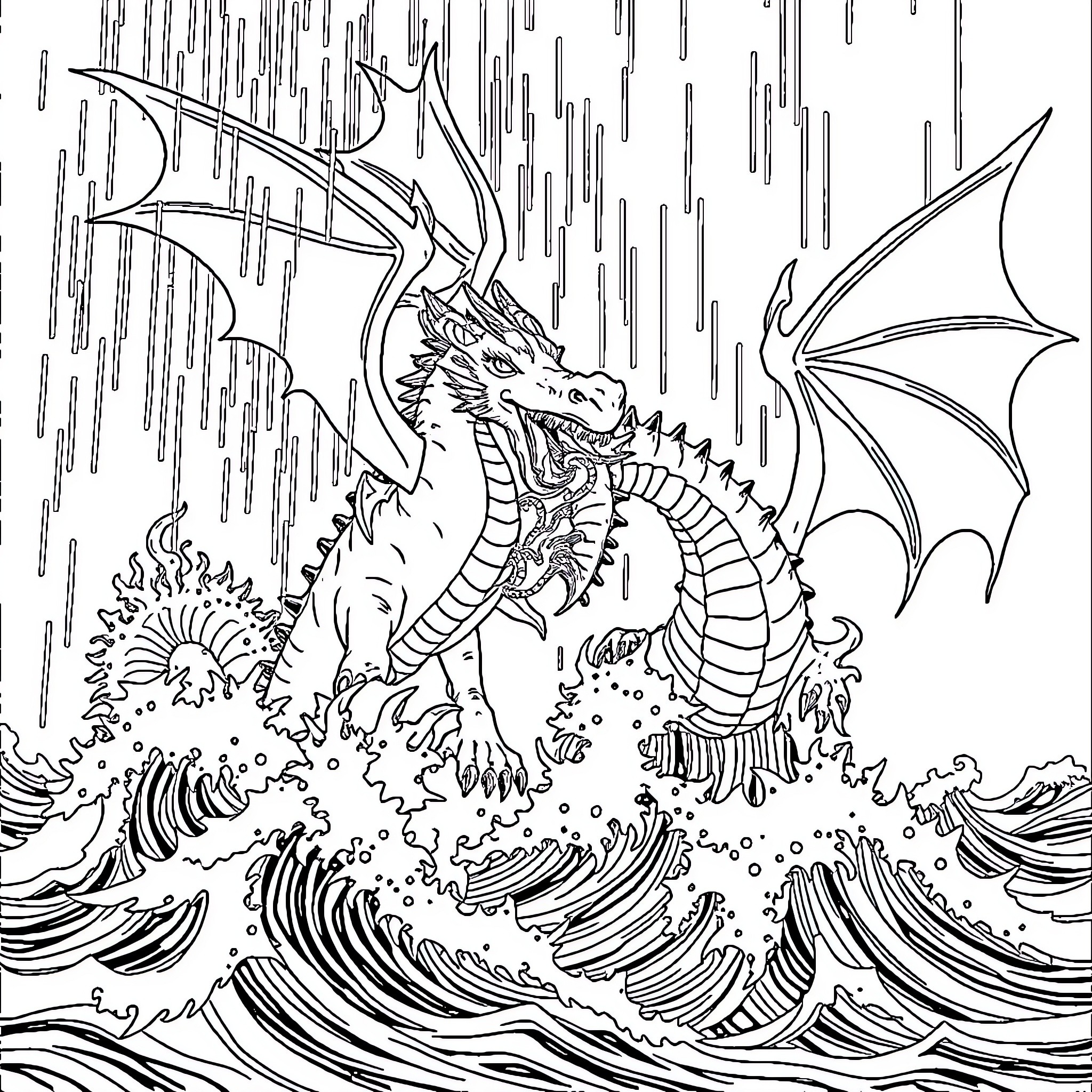Rainwing dragon soaring through stormy skies Coloring Page (free black-and-white line drawing printable PDF for all, from beginners to advanced learners, including children, teens, adults, and seniors)