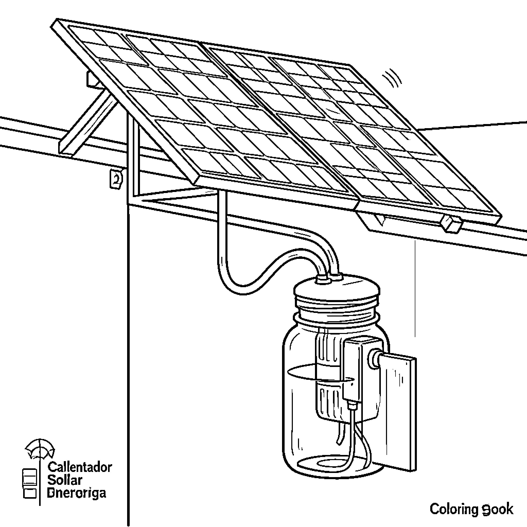 Calentador Solar Powering a Solar Water Heater Coloring Page (free black-and-white line drawing printable PDF for all, from beginners to advanced learners, including children, teens, adults, and seniors)