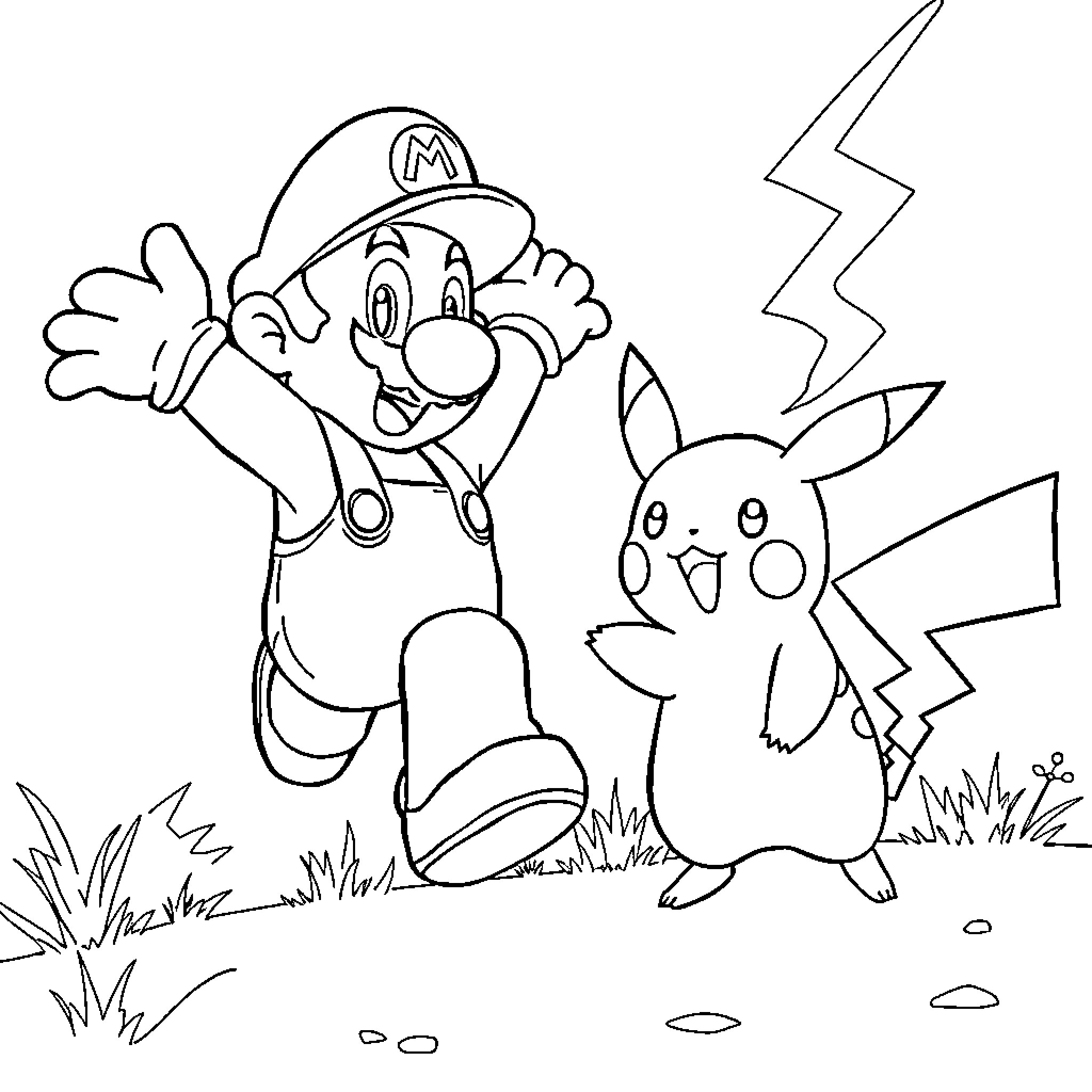 Mario and Pikachu's Playful Adventure Coloring Page (free black-and-white line drawing printable PDF for all, from beginners to advanced learners, including children, teens, adults, and seniors)