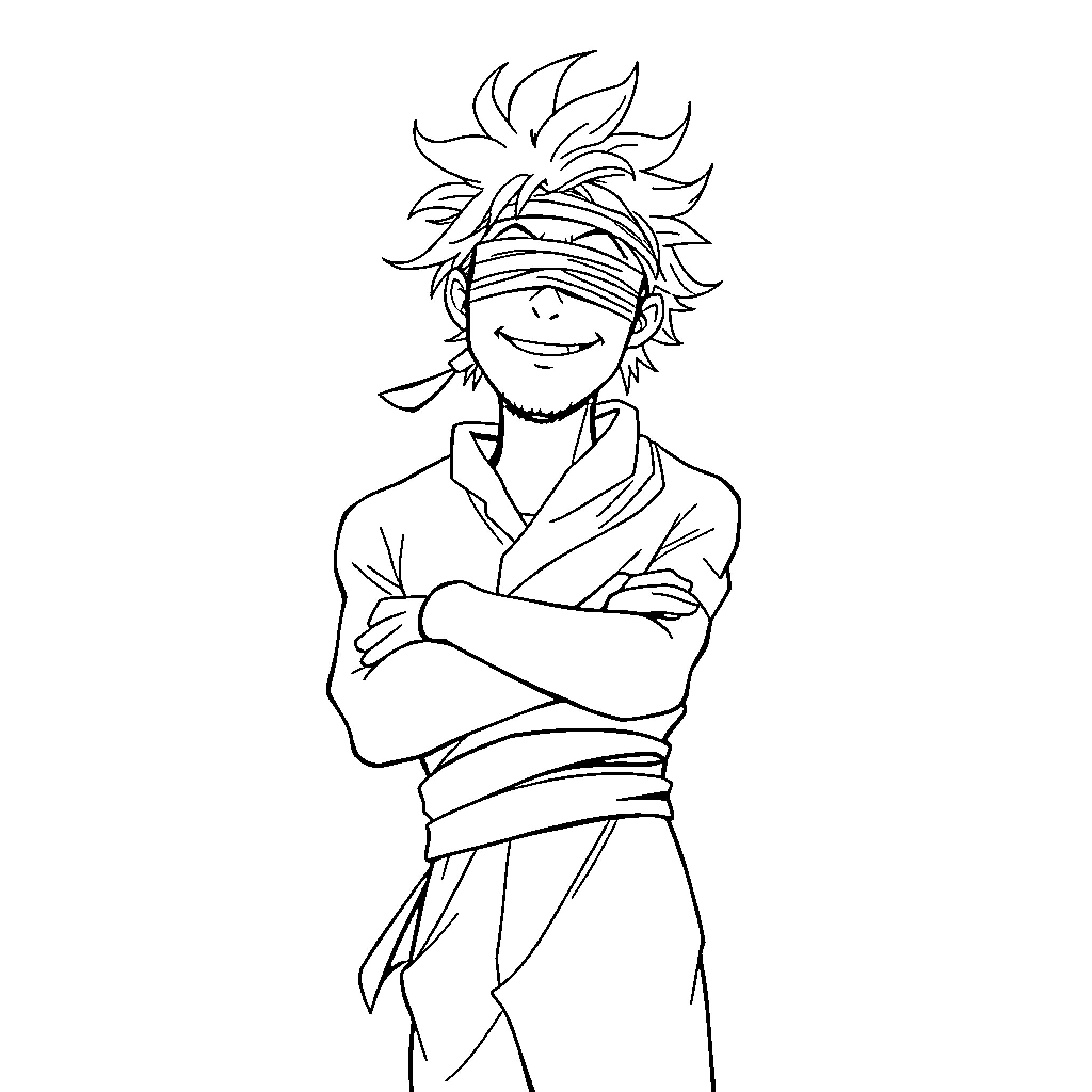 Satoru Gojo in a confident pose with crossed arms Coloring Page (free black-and-white line drawing printable PDF for all, from beginners to advanced learners, including children, teens, adults, and seniors)