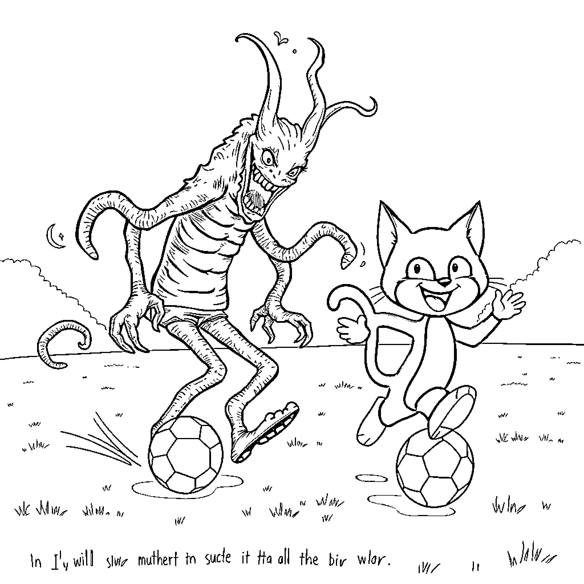 Siren Head and Curious Cat Playing with Soccer Balls Coloring Page (free black-and-white line drawing printable PDF for all, from beginners to advanced learners, including children, teens, adults, and seniors)