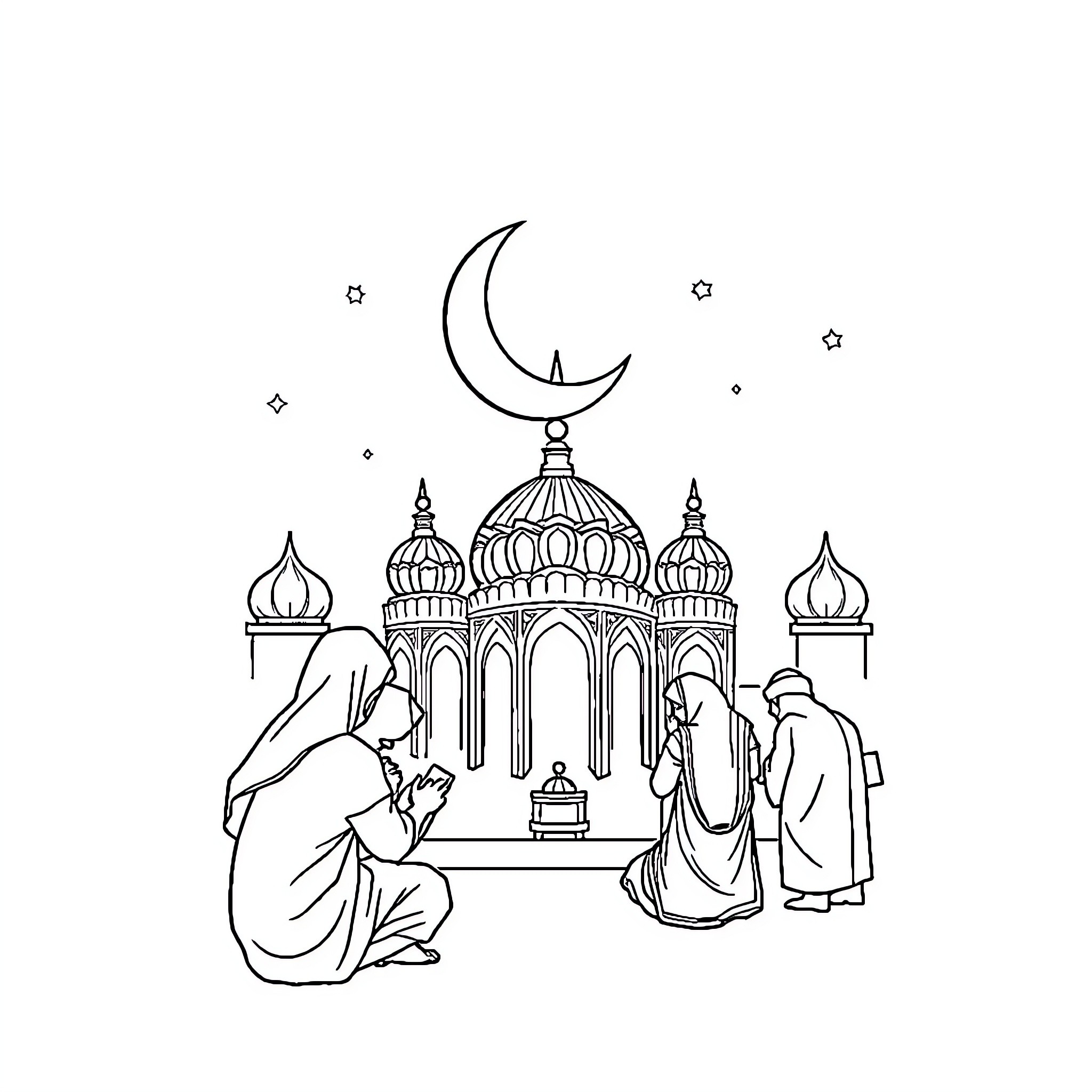 Ramadan celebration with worshippers at mosque Coloring Page (free black-and-white line drawing printable PDF for all, from beginners to advanced learners, including children, teens, adults, and seniors)