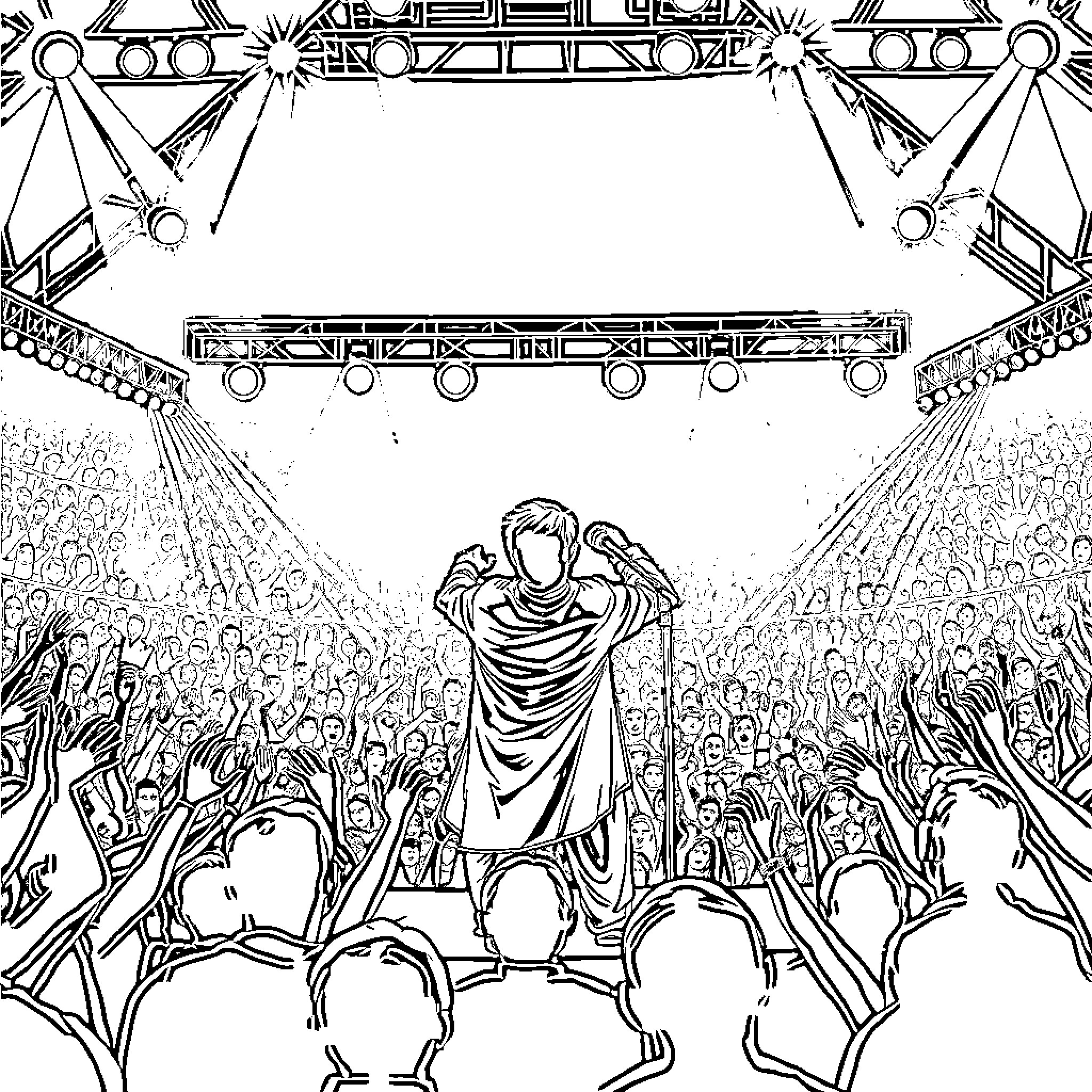 Bharat Chauhan addressing a large audience on stage Coloring Page (free black-and-white line drawing printable PDF for all, from beginners to advanced learners, including children, teens, adults, and seniors)