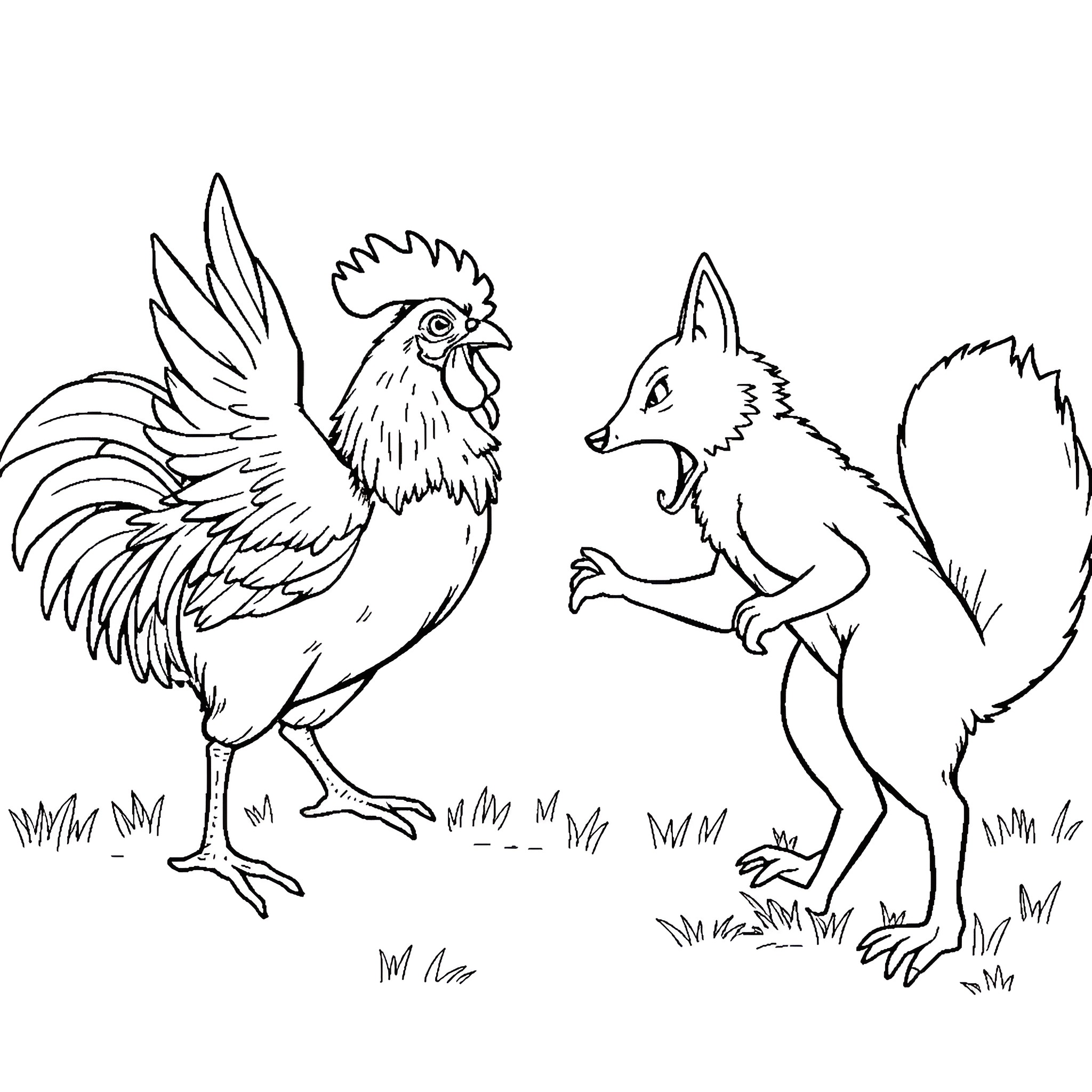 Chicken and Fox Interacting in Nature Coloring Page (free black-and-white line drawing printable PDF for all, from beginners to advanced learners, including children, teens, adults, and seniors)