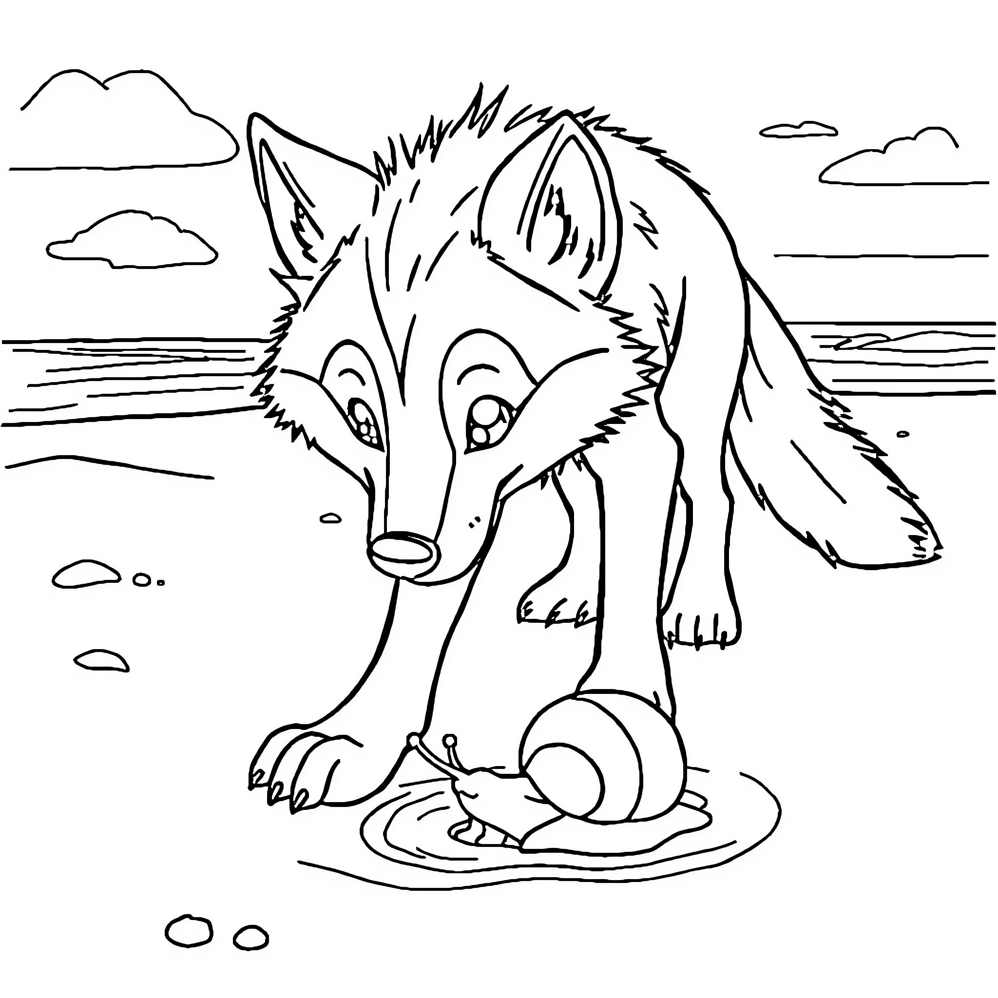 Wolf exploring the shore and waters Coloring Page (free black-and-white line drawing printable PDF for all, from beginners to advanced learners, including children, teens, adults, and seniors)