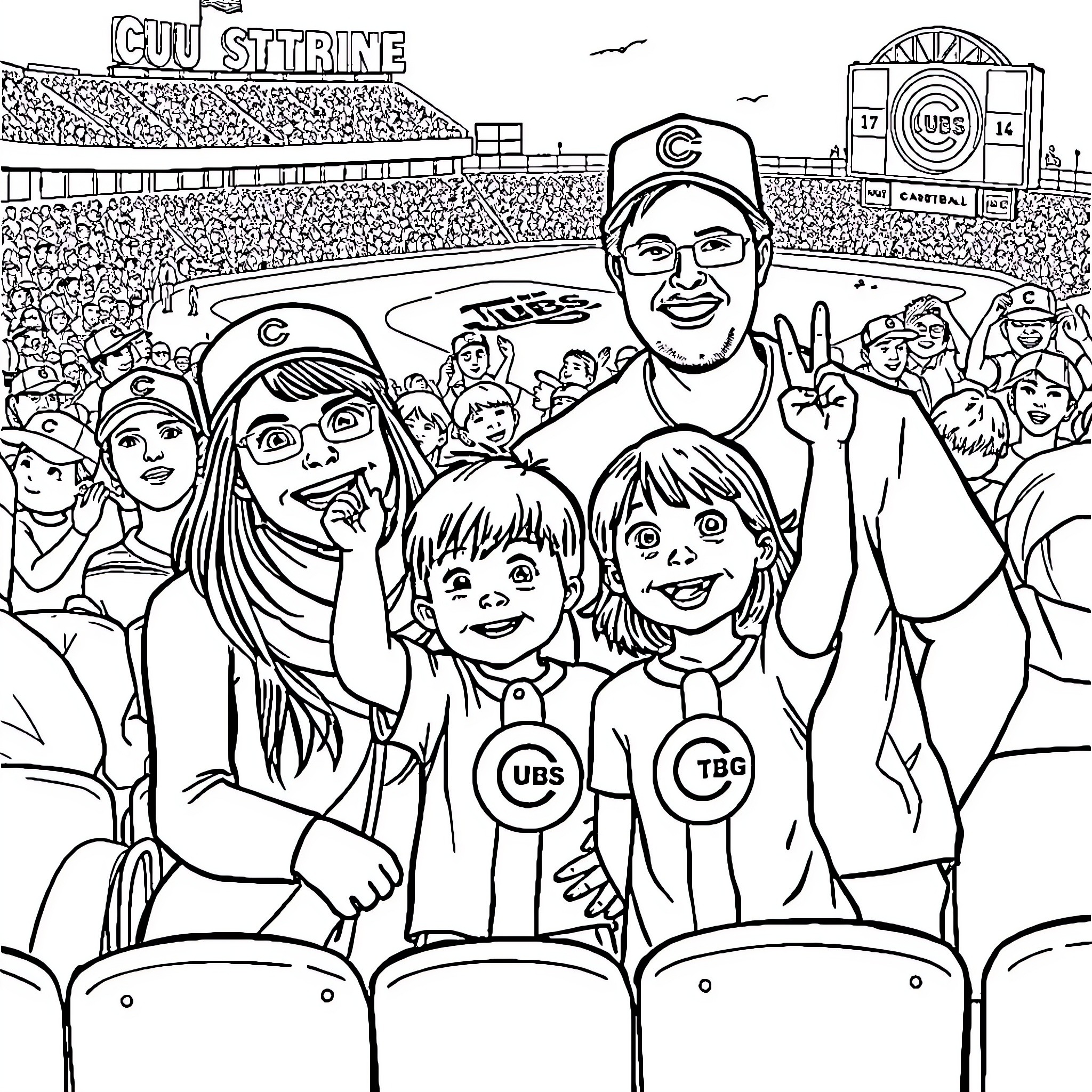Family Enjoying a Sports Game Together Coloring Page (free black-and-white line drawing printable PDF for all, from beginners to advanced learners, including children, teens, adults, and seniors)