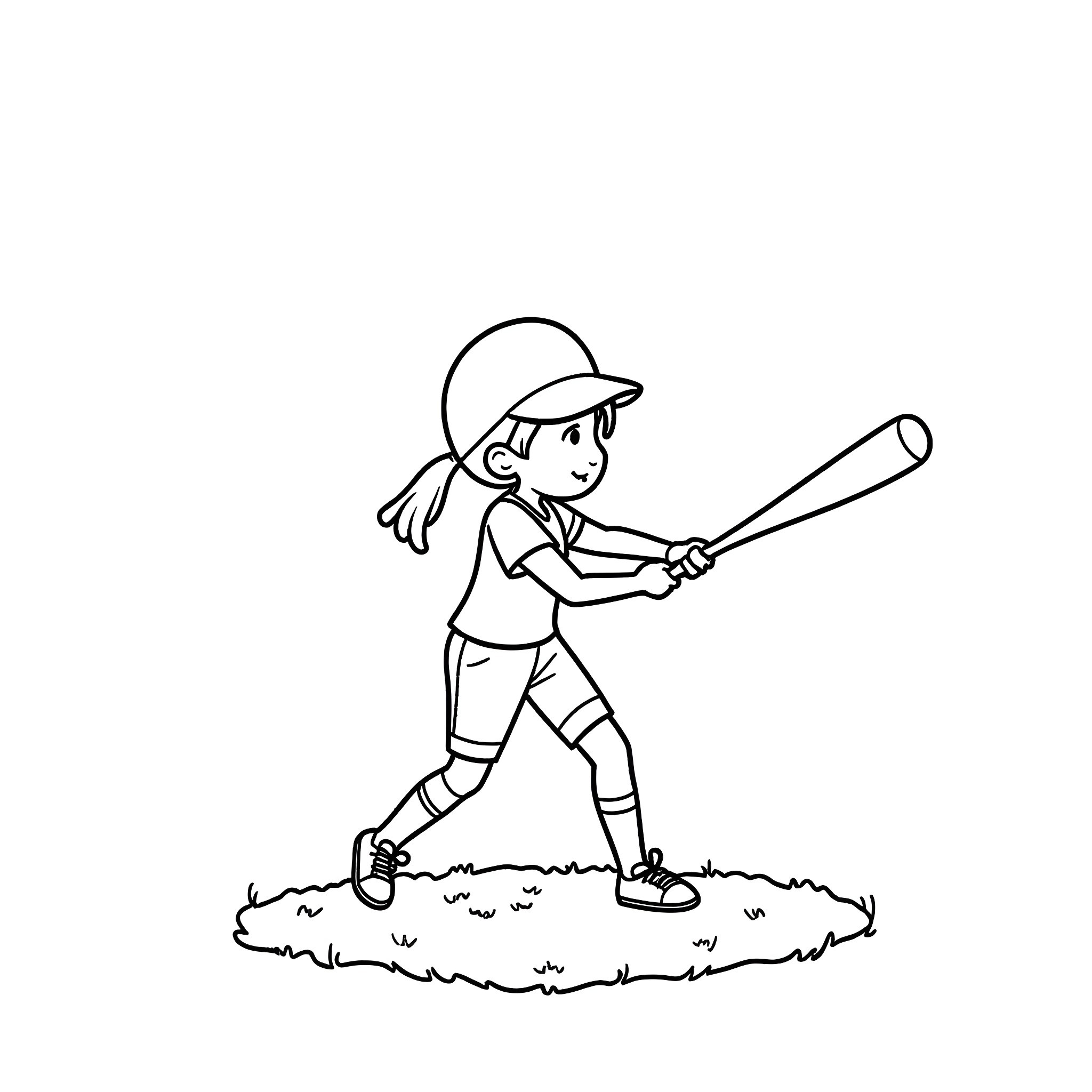 Girl playing baseball on the field Coloring Page (free black-and-white line drawing printable PDF for all, from beginners to advanced learners, including children, teens, adults, and seniors)