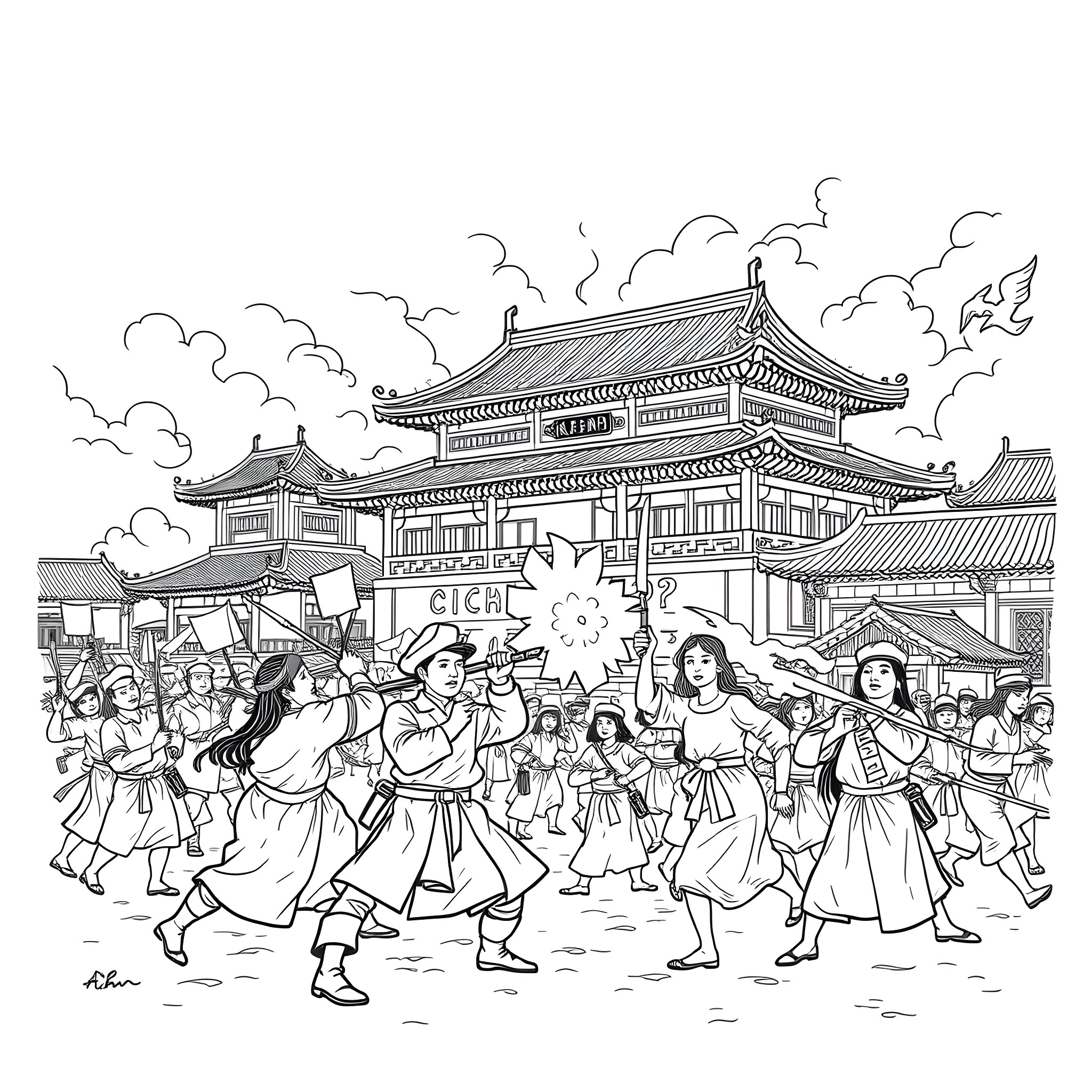 Boxer Rebellion: Martial Arts Performers in Traditional Attire Coloring Page (free black-and-white line drawing printable PDF for all, from beginners to advanced learners, including children, teens, adults, and seniors)