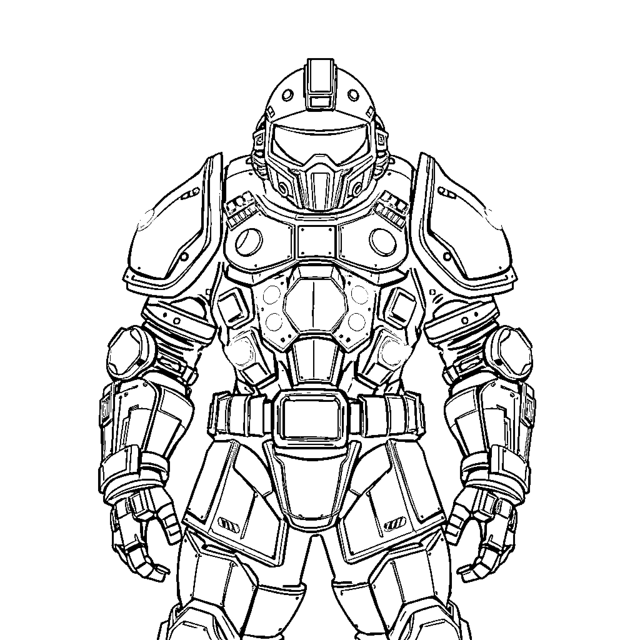 Power Armor Futuristic Soldier in Battle-Ready Pose Coloring Page (free black-and-white line drawing printable PDF for all, from beginners to advanced learners, including children, teens, adults, and seniors)