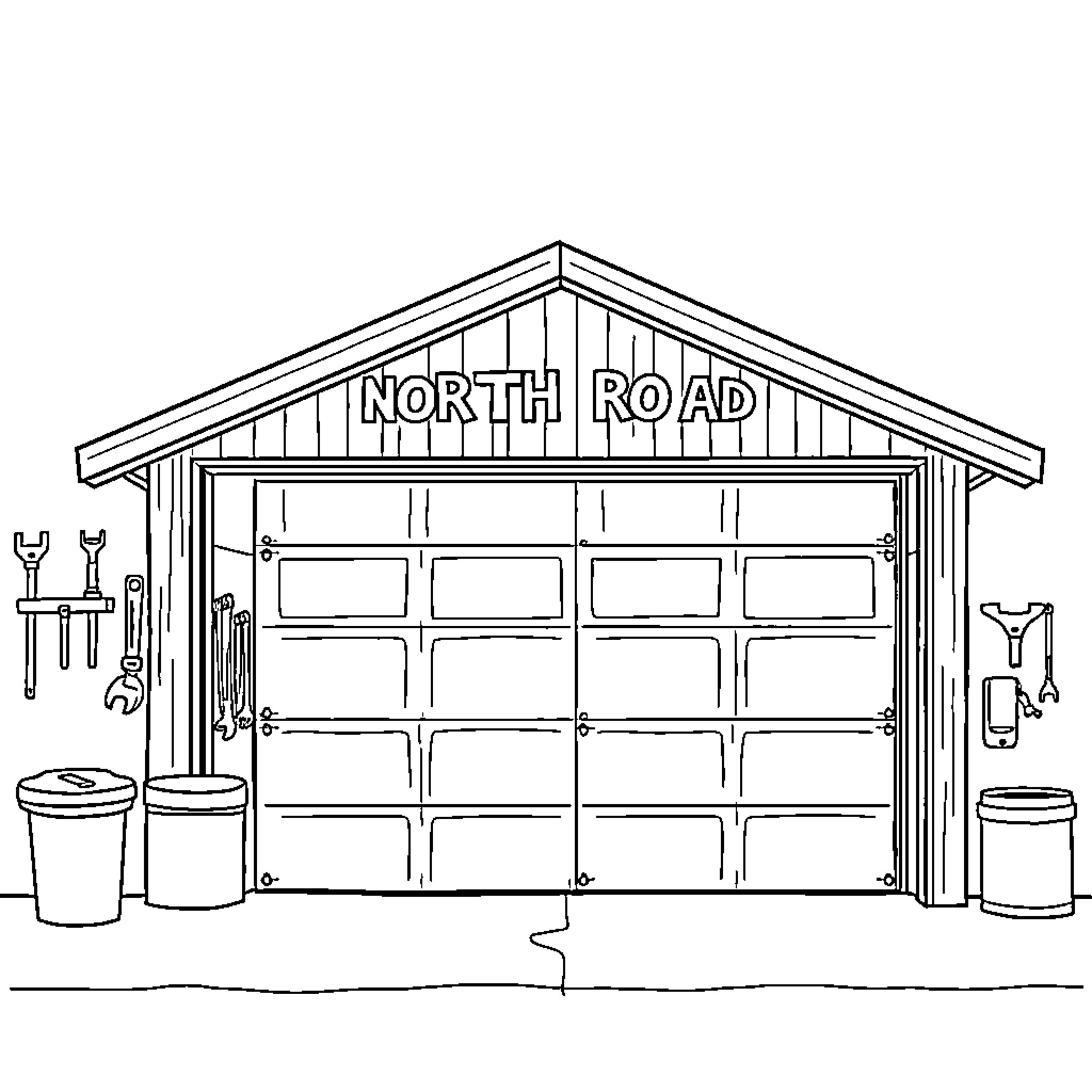 Garage with tools and signage on a rainy day Coloring Page (free black-and-white line drawing printable PDF for all, from beginners to advanced learners, including children, teens, adults, and seniors)
