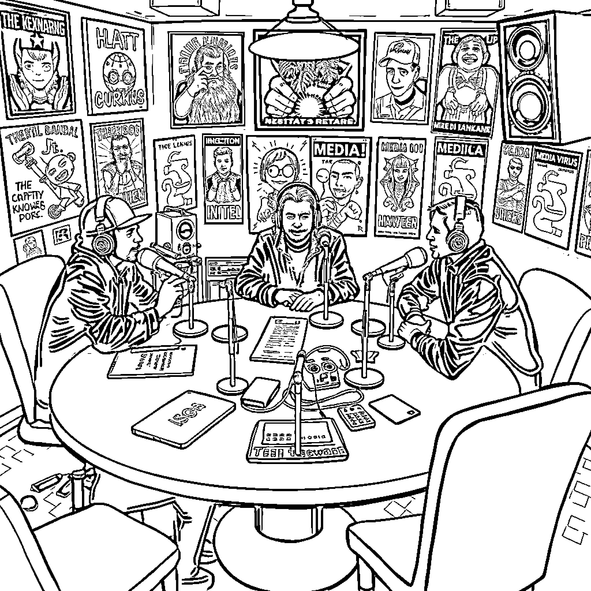 Media Virus: Subversive Figures and Pop Culture Imagery Coloring Page (free black-and-white line drawing printable PDF for all, from beginners to advanced learners, including children, teens, adults, and seniors)