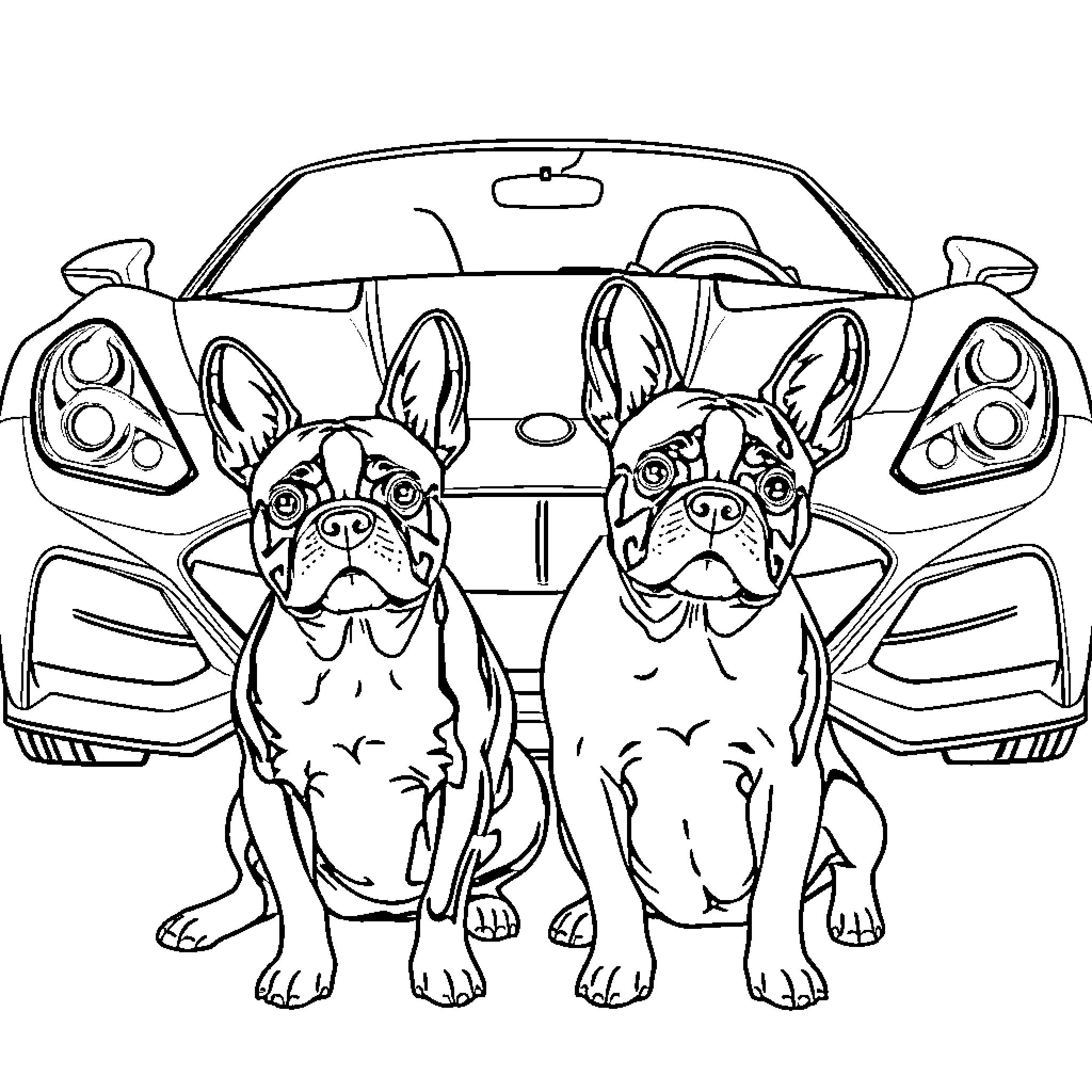 Boston Terriers enjoying a car ride together Coloring Page (free black-and-white line drawing printable PDF for all, from beginners to advanced learners, including children, teens, adults, and seniors)