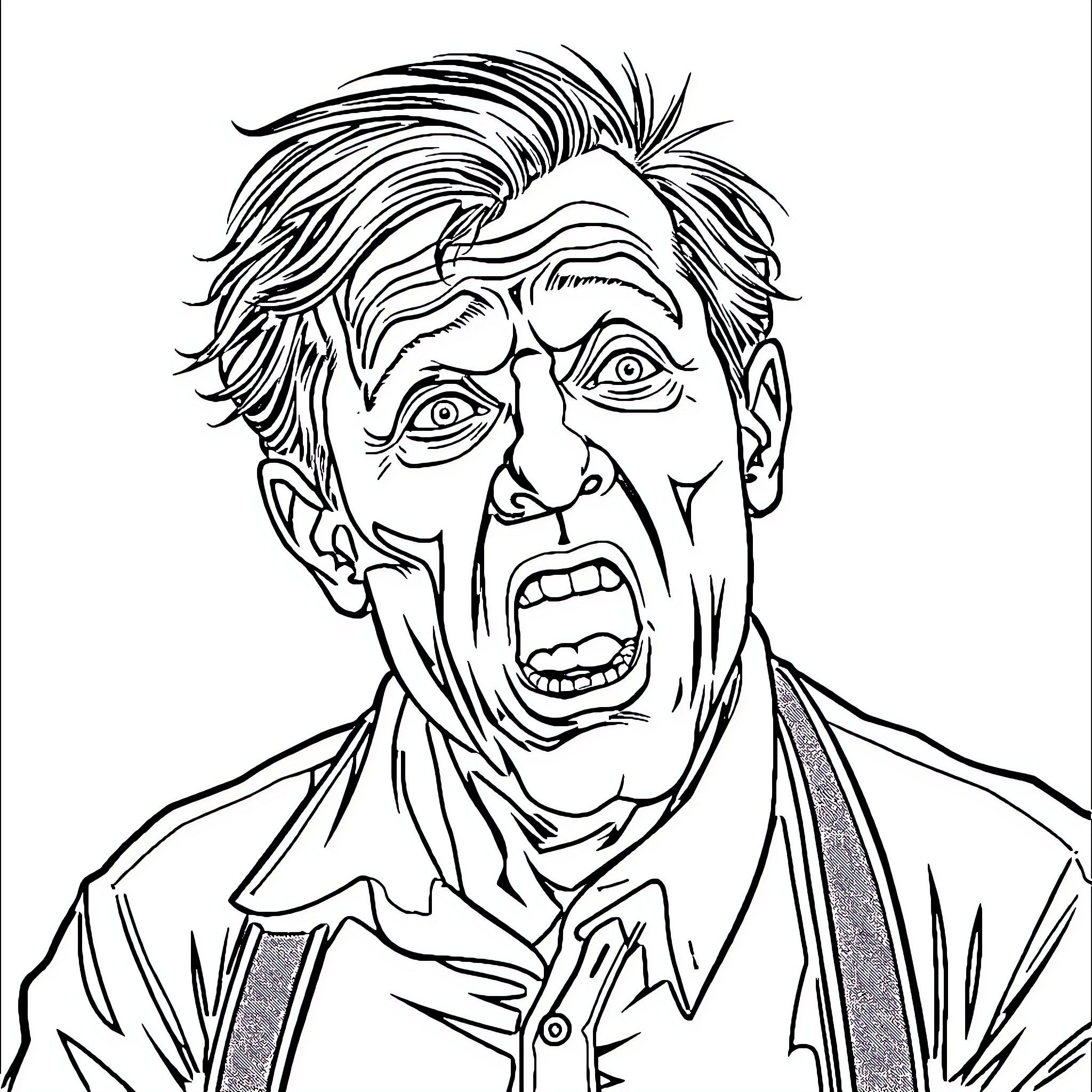 Idiot man with wild hair and angry expression Coloring Page (free black-and-white line drawing printable PDF for all, from beginners to advanced learners, including children, teens, adults, and seniors)