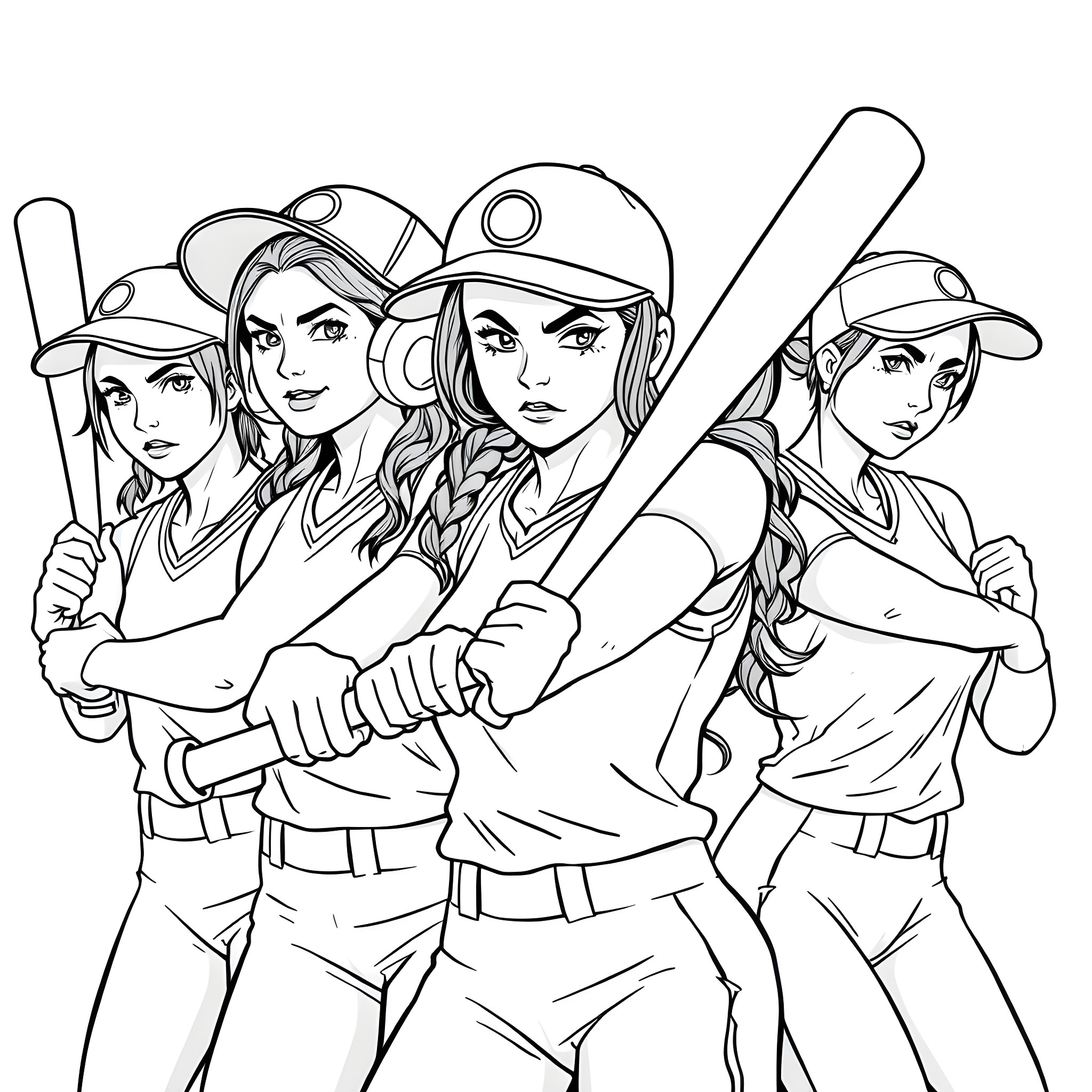 Girls playing baseball together Coloring Page (free black-and-white line drawing printable PDF for all, from beginners to advanced learners, including children, teens, adults, and seniors)