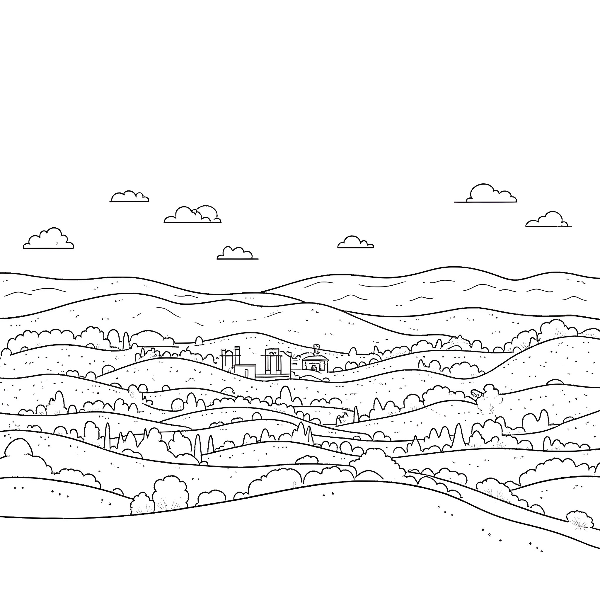 Valles Cityscape: Outlined Landscape Coloring Page (free black-and-white line drawing printable PDF for all, from beginners to advanced learners, including children, teens, adults, and seniors)