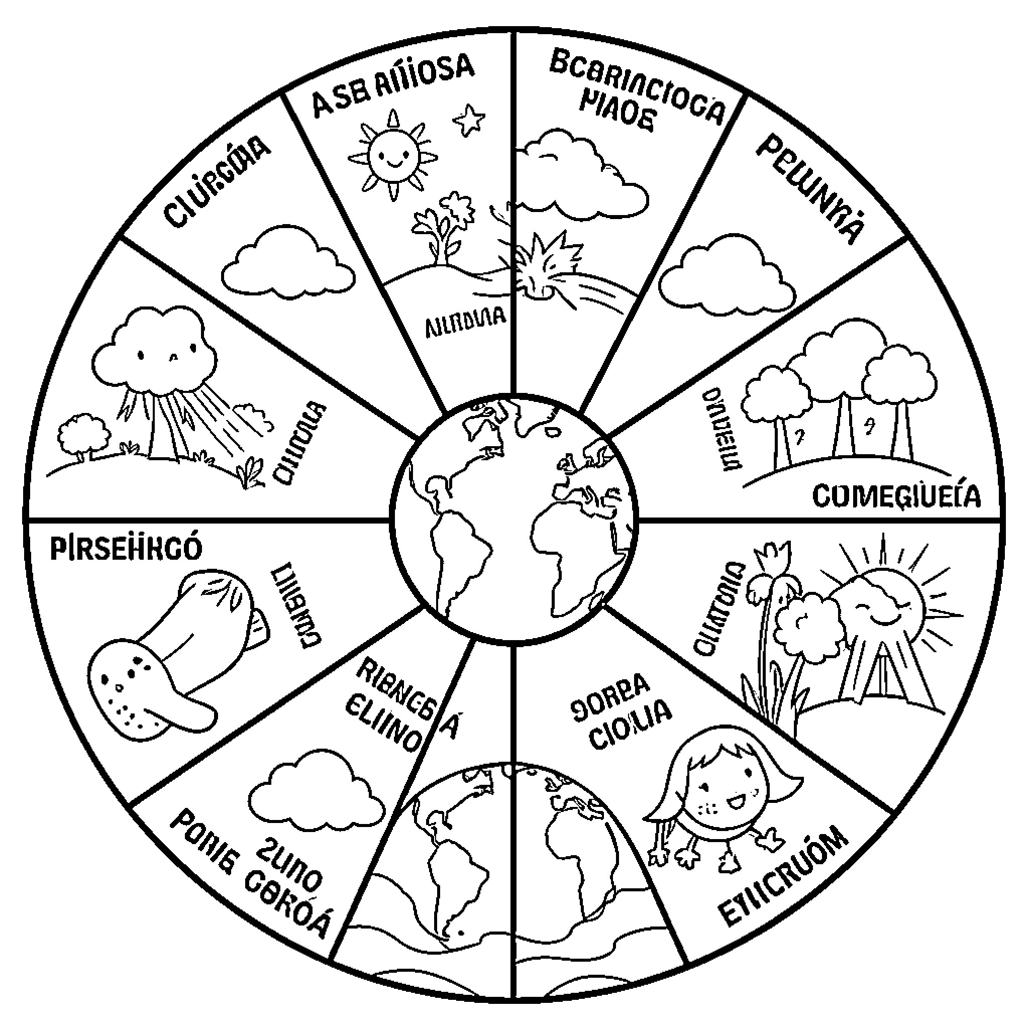 Weather Wheel showing various natural phenomena and sky conditions Coloring Page (free black-and-white line drawing printable PDF for all, from beginners to advanced learners, including children, teens, adults, and seniors)