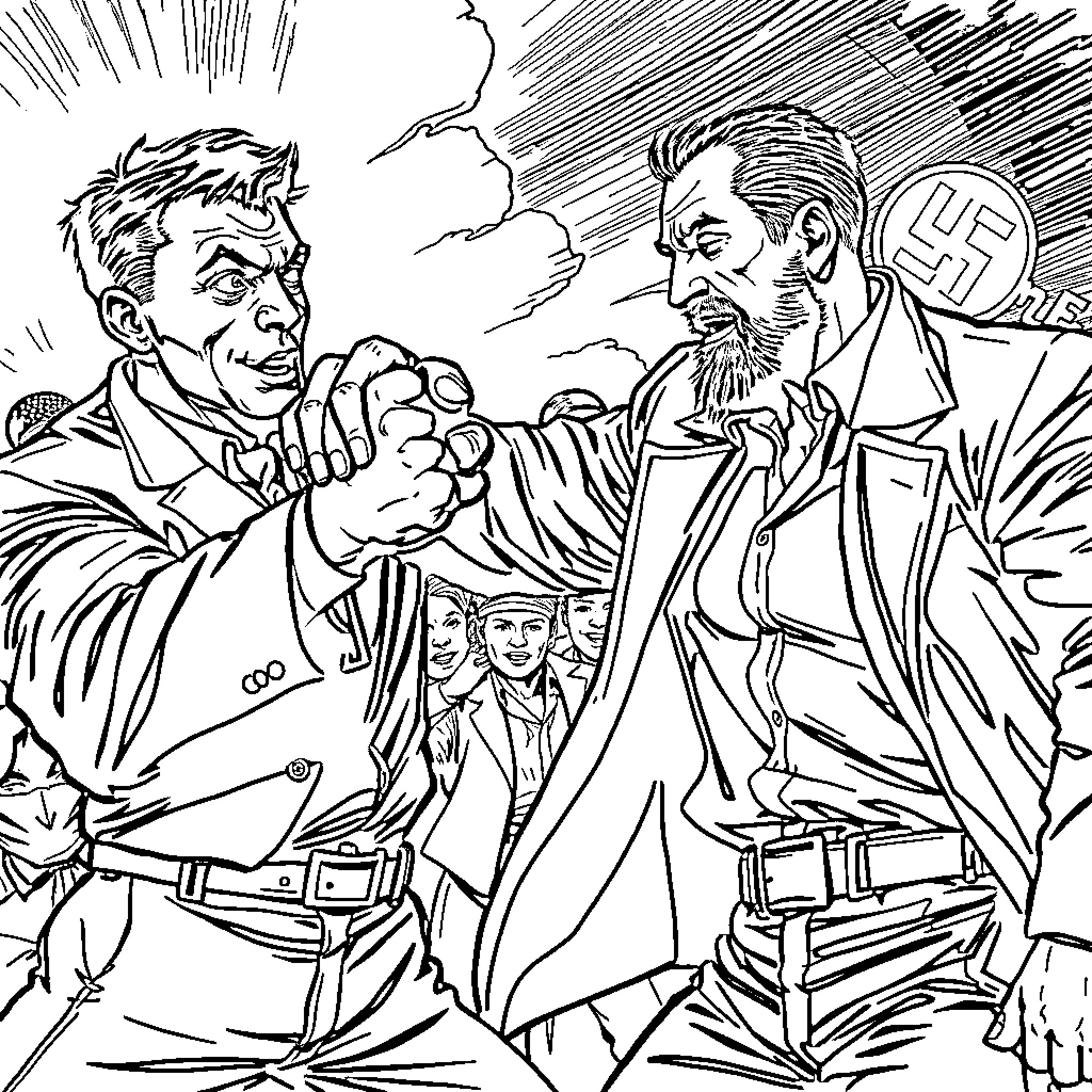 Man engaging in a confrontation with another man Coloring Page (free black-and-white line drawing printable PDF for all, from beginners to advanced learners, including children, teens, adults, and seniors)