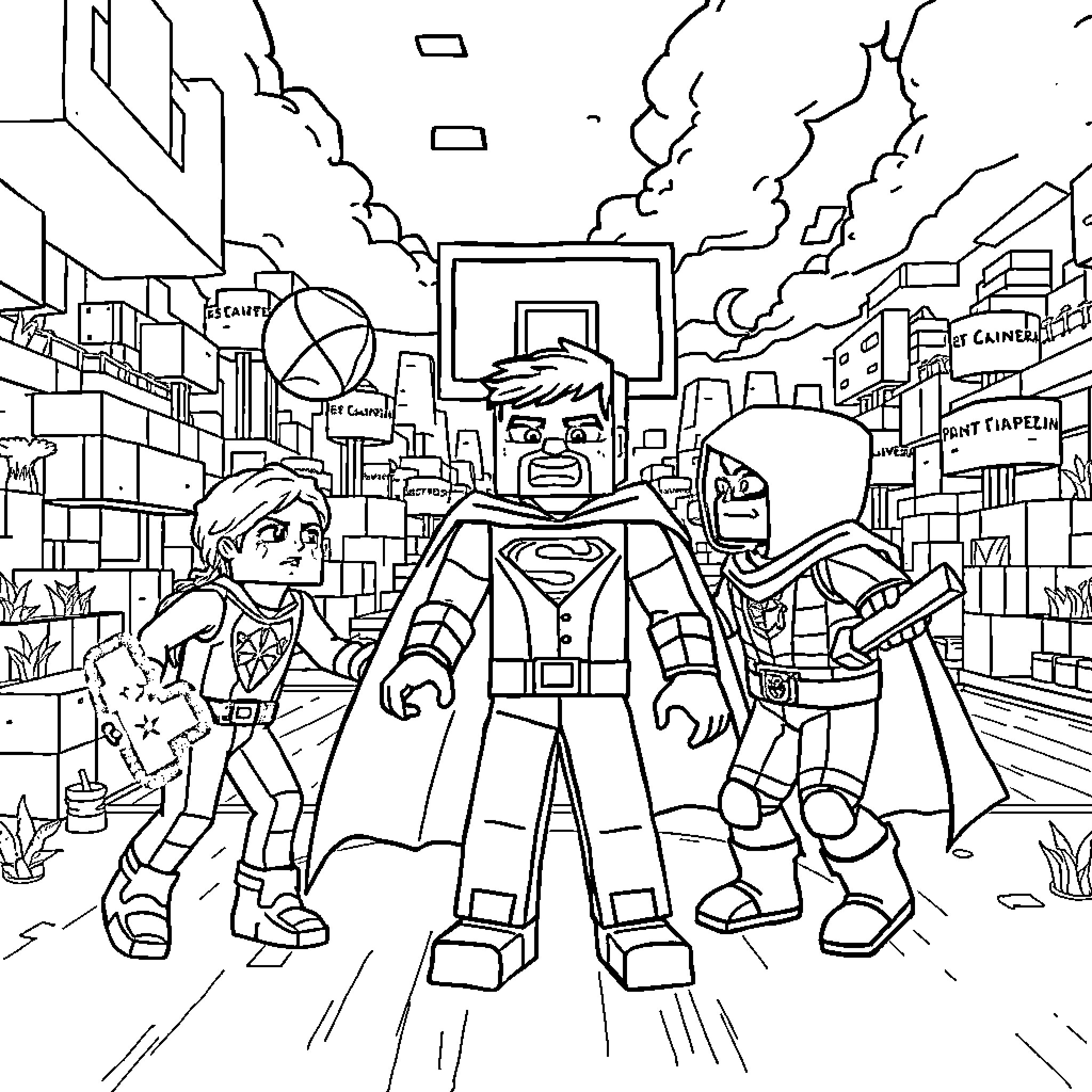 Basket of Superheroes in Urban Chaos Coloring Page (free black-and-white line drawing printable PDF for all, from beginners to advanced learners, including children, teens, adults, and seniors)