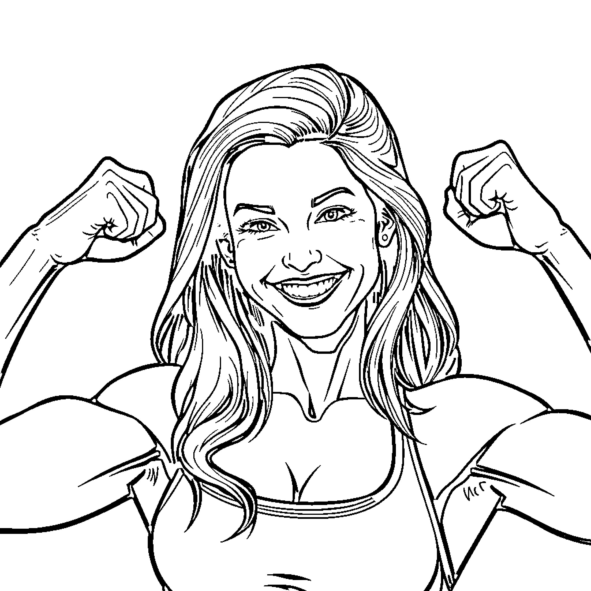 Sydney Sweeney Showing Strength and Confidence Coloring Page (free black-and-white line drawing printable PDF for all, from beginners to advanced learners, including children, teens, adults, and seniors)