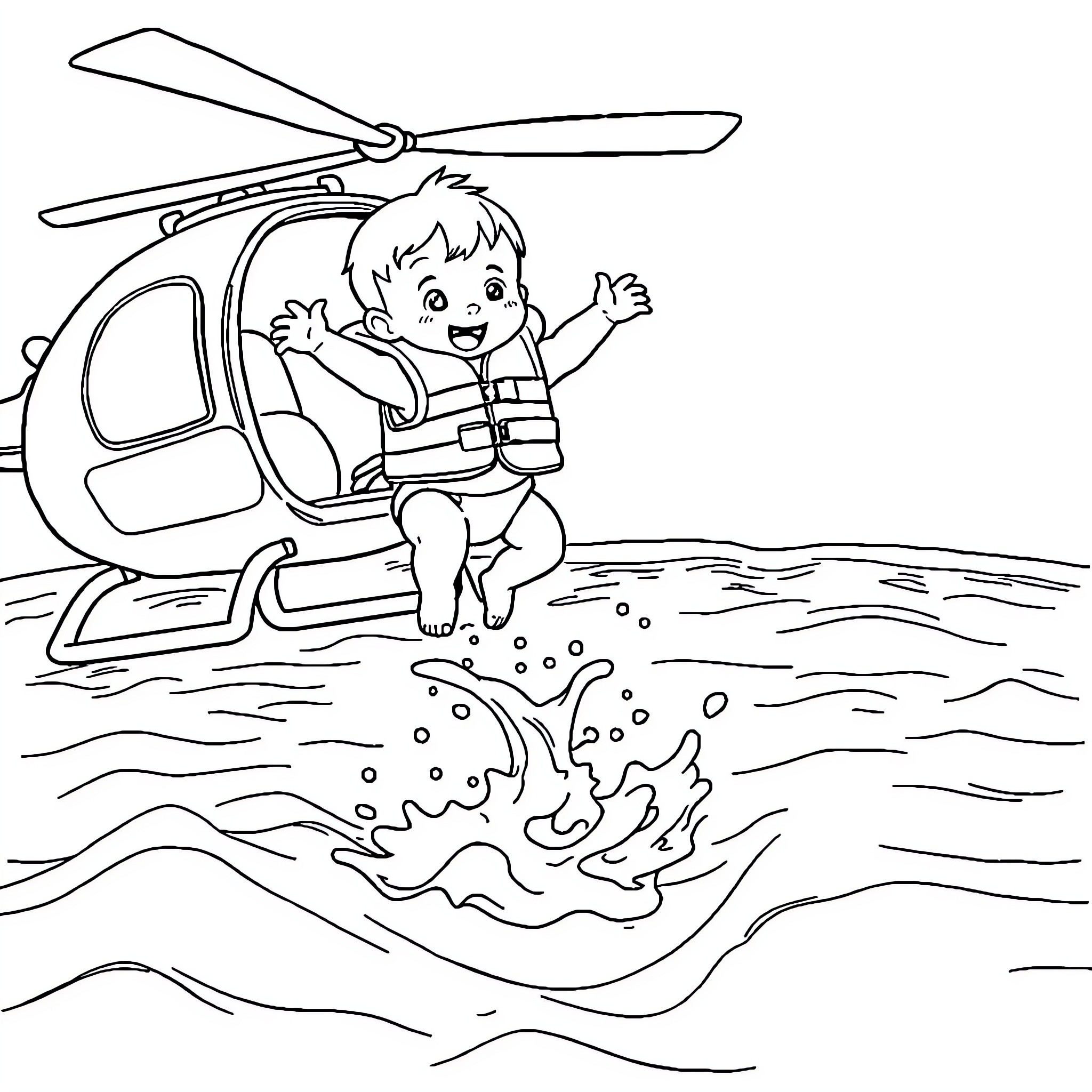 Baby enjoying a helicopter ride over the ocean Coloring Page (free black-and-white line drawing printable PDF for all, from beginners to advanced learners, including children, teens, adults, and seniors)