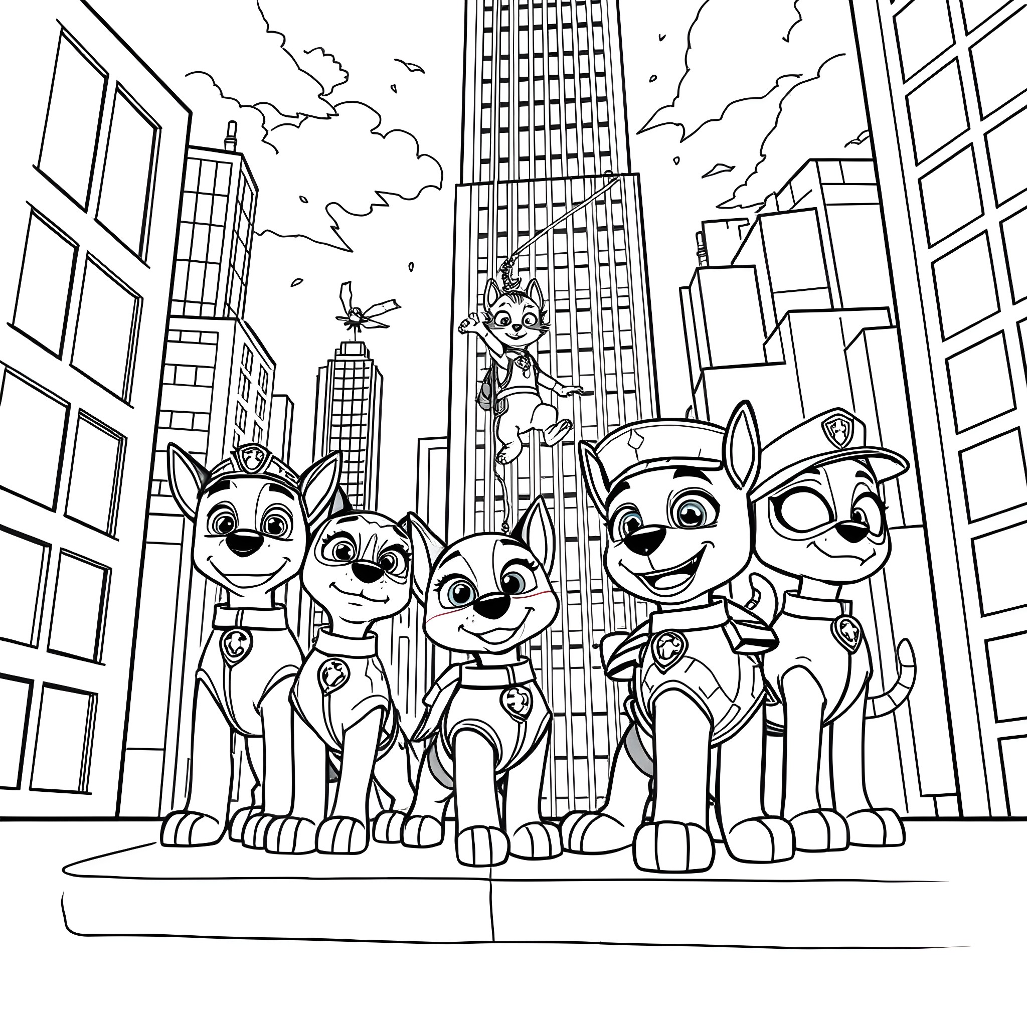 Paw Patrol characters in the city Coloring Page (free black-and-white line drawing printable PDF for all, from beginners to advanced learners, including children, teens, adults, and seniors)