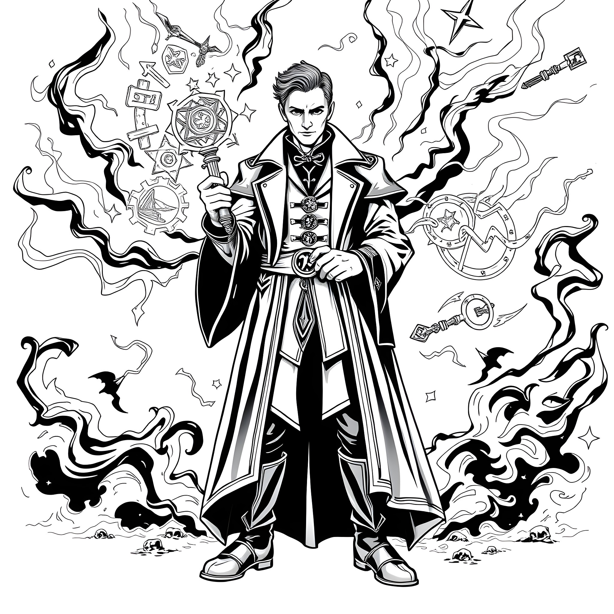 Edward Richtofen wielding occult artifacts in a mystical scene Coloring Page (free black-and-white line drawing printable PDF for all, from beginners to advanced learners, including children, teens, adults, and seniors)