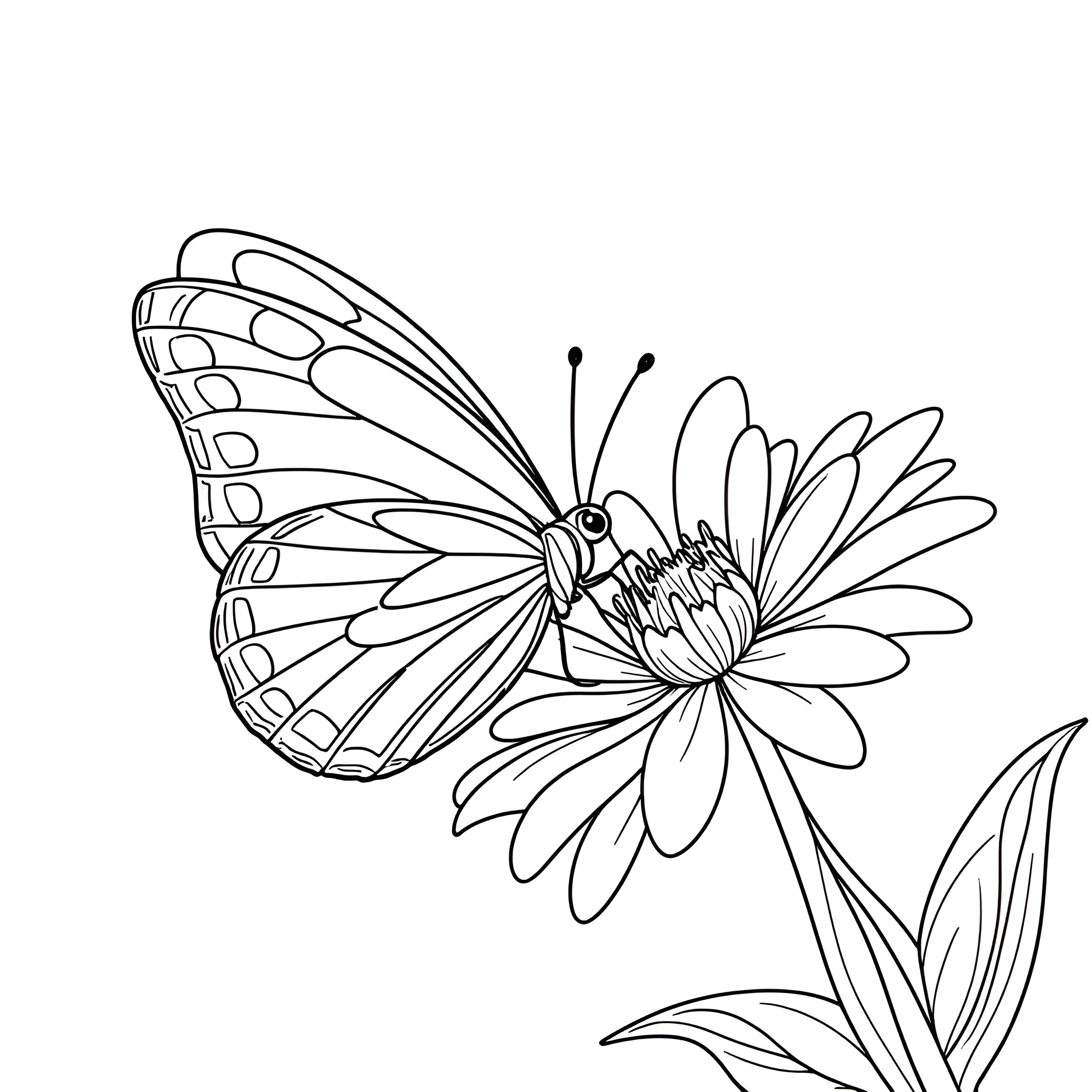 Butterfly resting on a beautiful flower Coloring Page (free black-and-white line drawing printable PDF for all, from beginners to advanced learners, including children, teens, adults, and seniors)