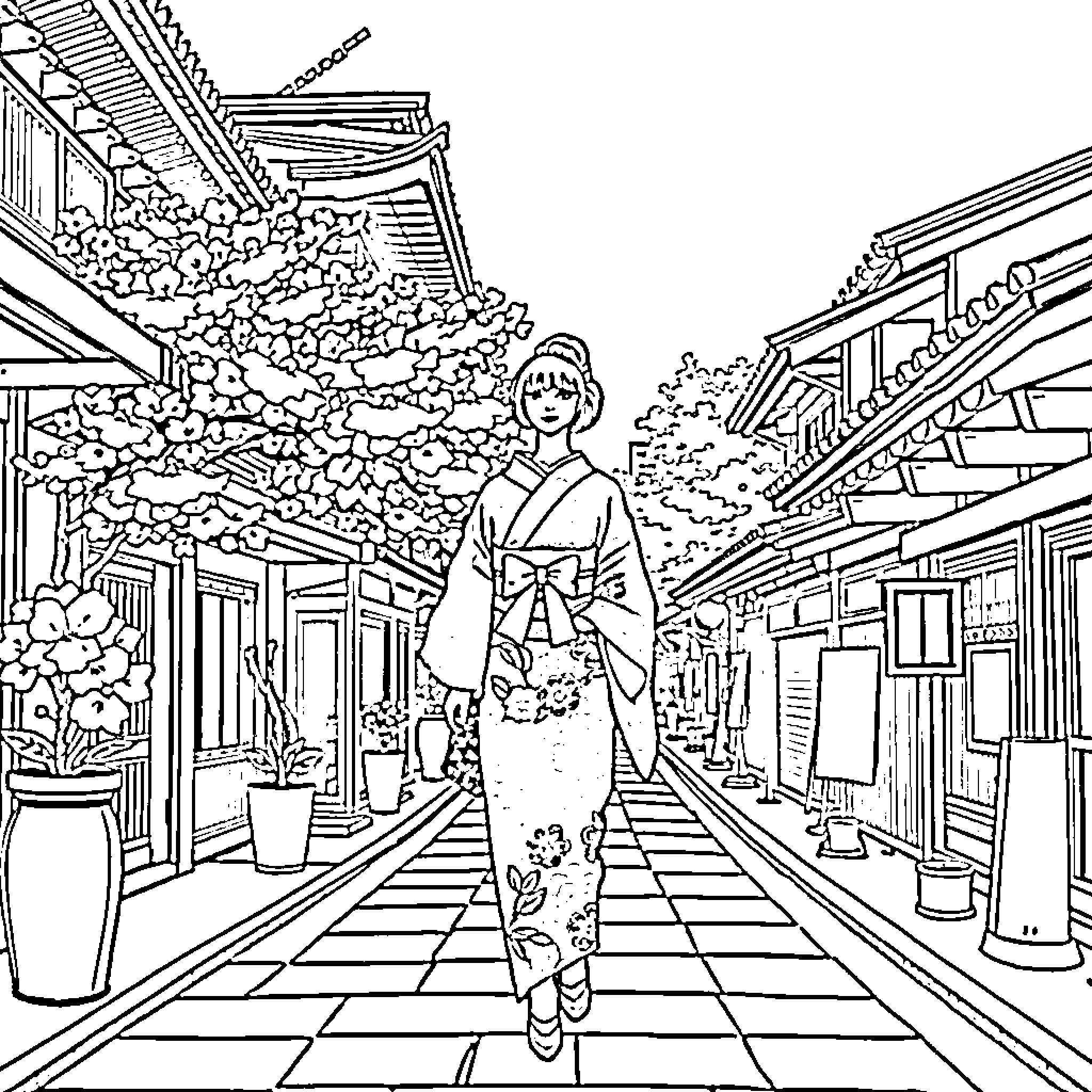 Woman walking in traditional Japanese town Coloring Page (free black-and-white line drawing printable PDF for all, from beginners to advanced learners, including children, teens, adults, and seniors)