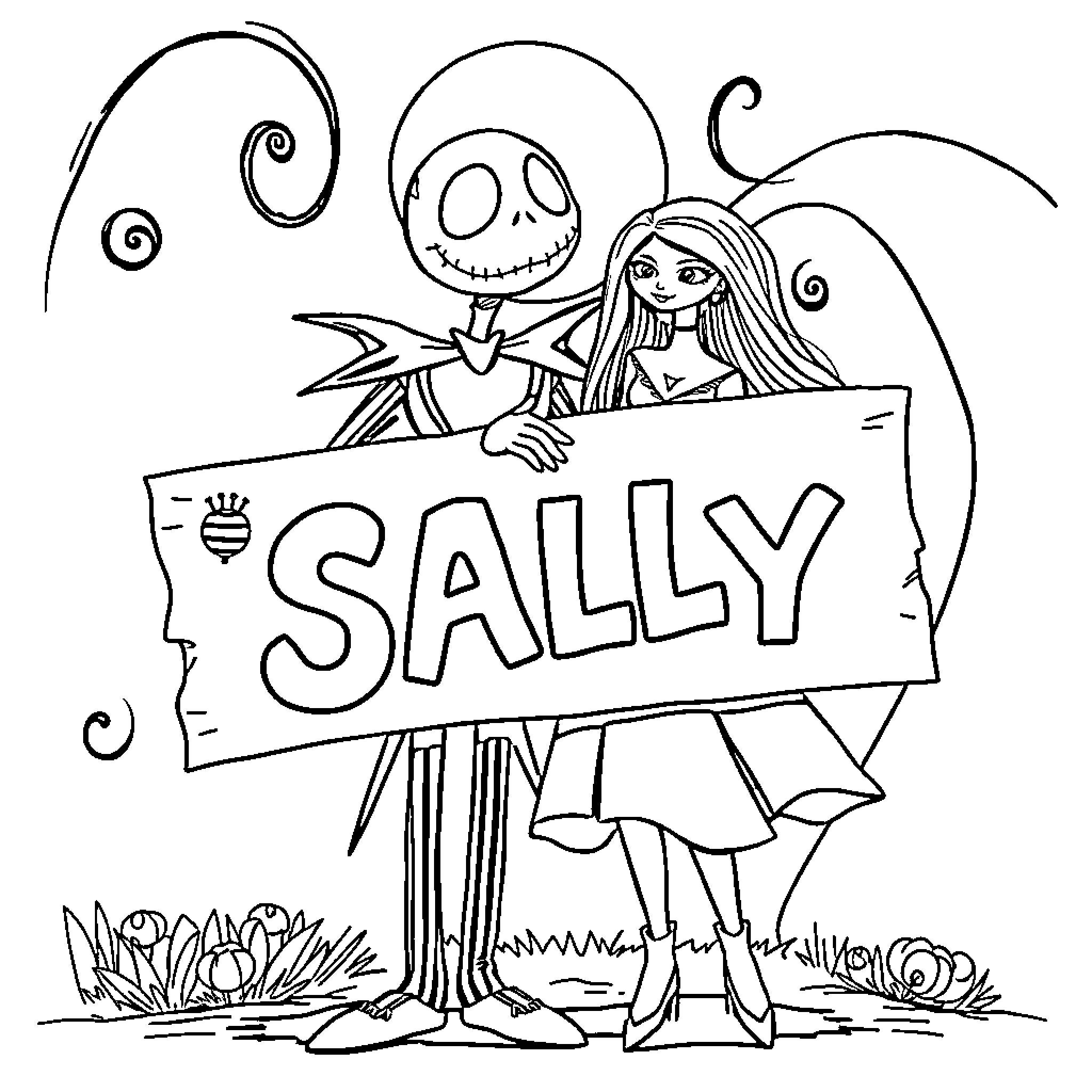 Jack Skellington and Sally Holding Banner Coloring Page (free black-and-white line drawing printable PDF for all, from beginners to advanced learners, including children, teens, adults, and seniors)